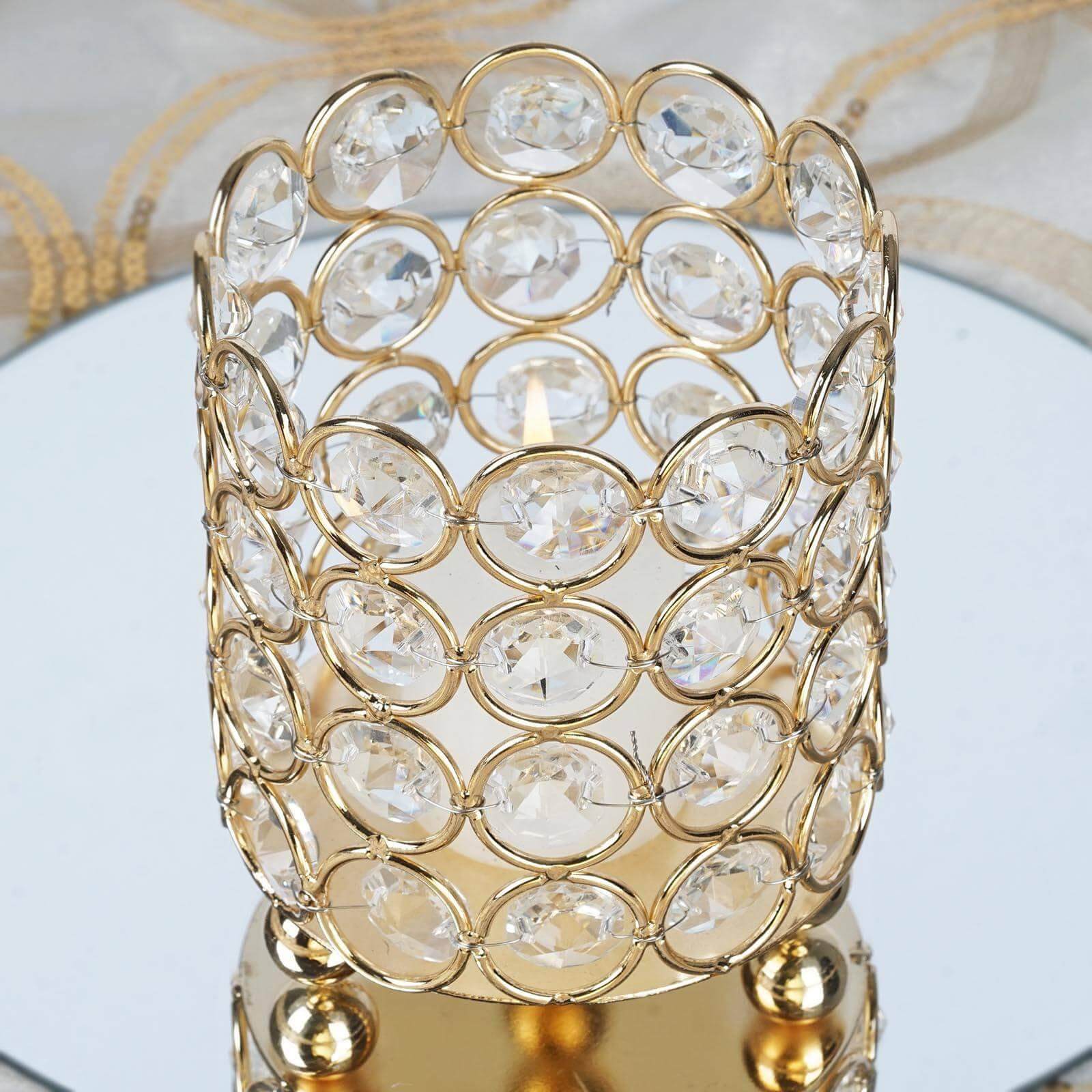 Crystal Beaded Metal Votive Tealight Holder Gold - Stylish Multipurpose Table Vase for Decor 4"