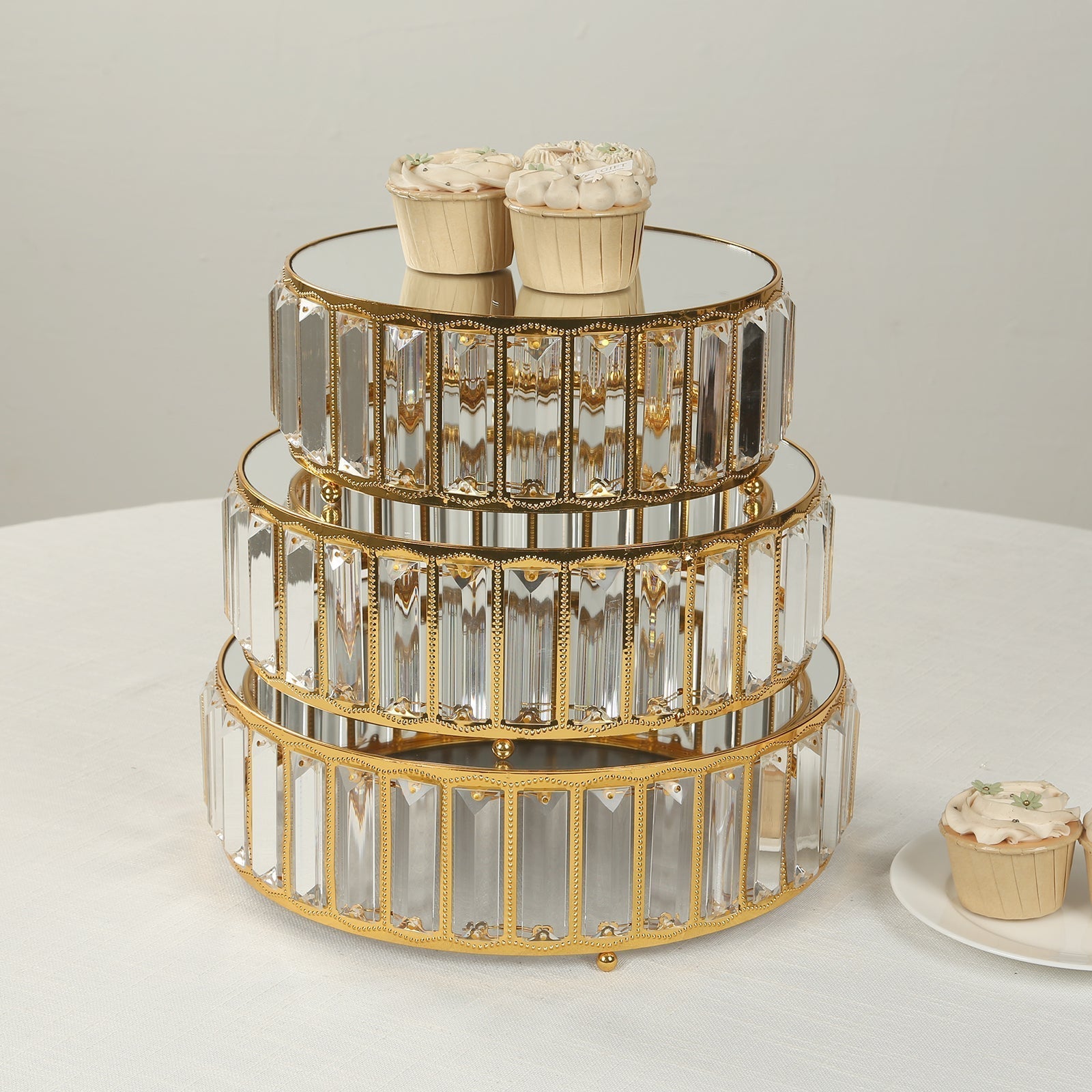 Set of 3 Gold Metal Crystal Pendant Cake Stands with Mirror Top, Stackable Round Dessert Display Trays - 9",11",12"