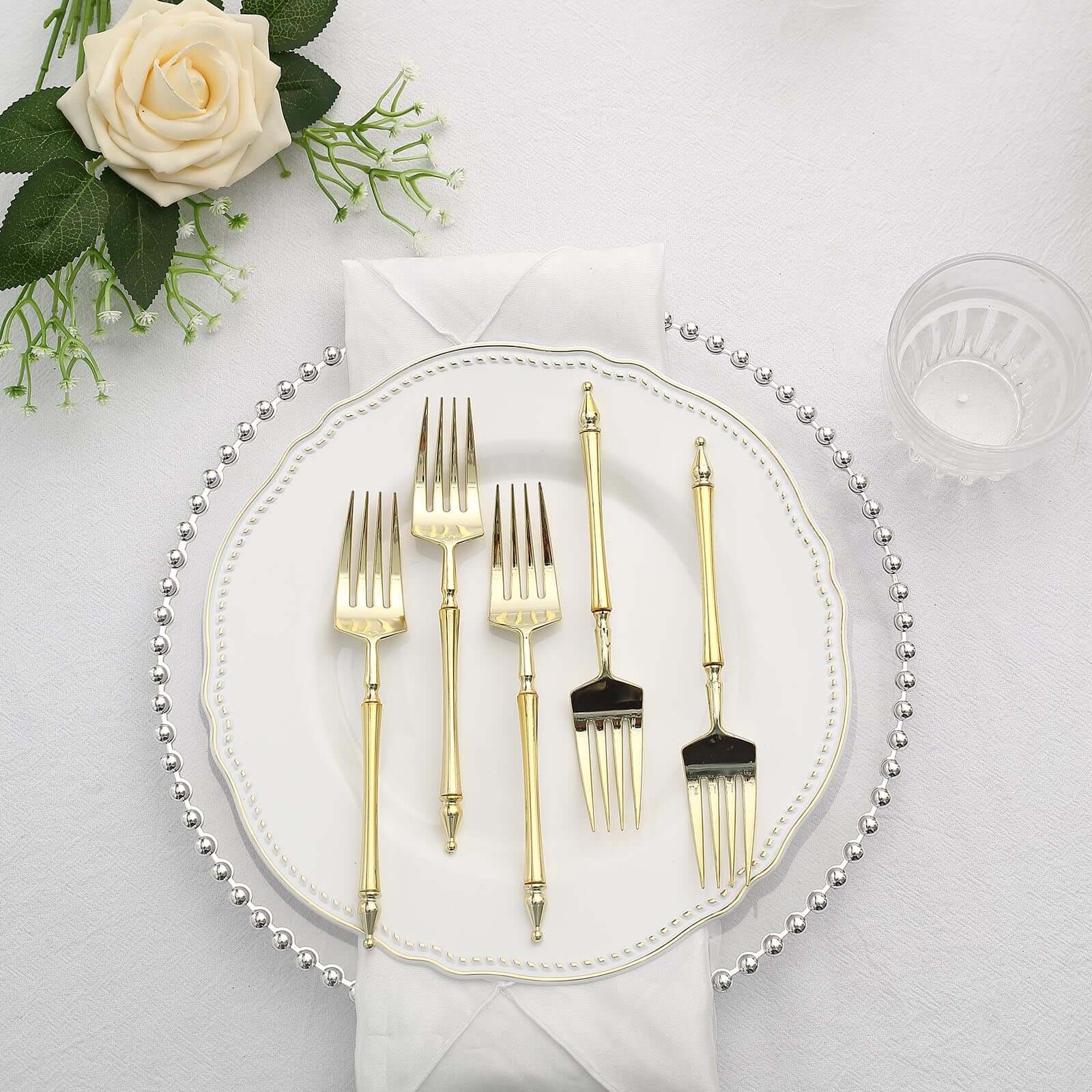 24-Pack Plastic Dessert Forks with Roman Column Handle Gold - European Style Disposable Utensils 6"