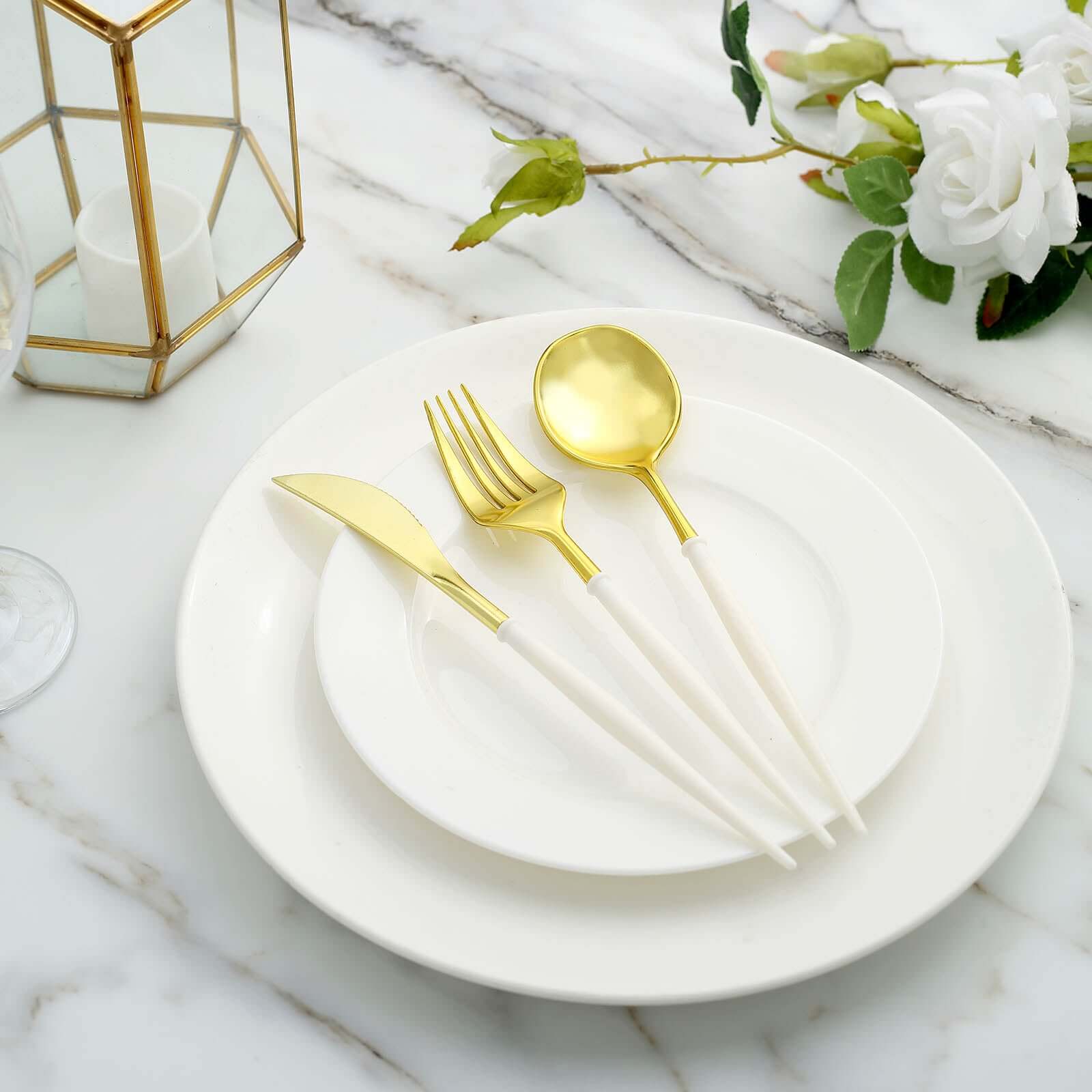 24-Pack Plastic Flatware Set in Metallic Gold with Ivory Handle - Heavy Duty Disposable Modern Silverware 8"