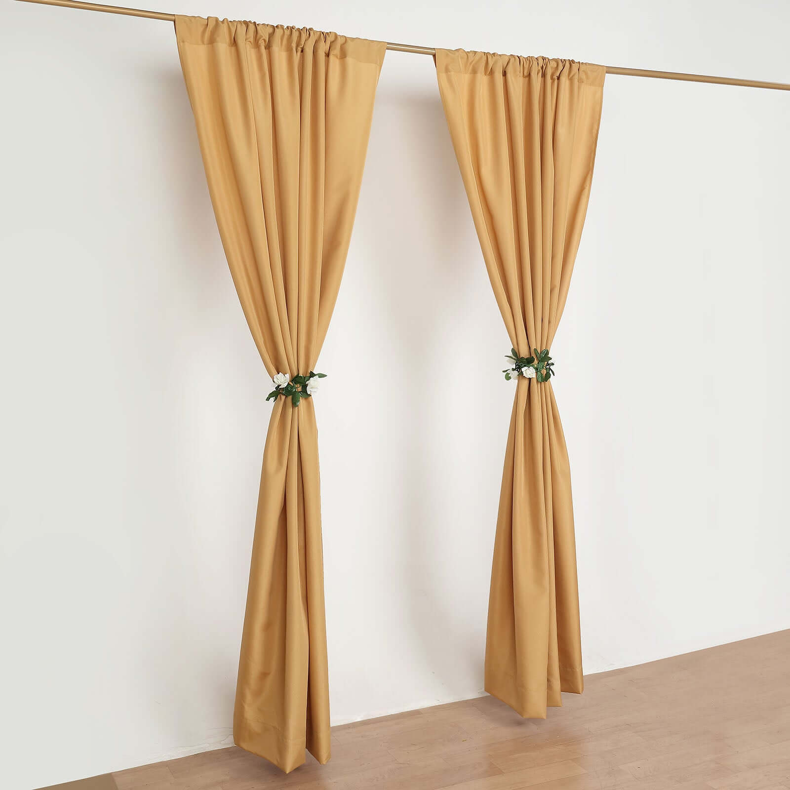 2 Pack Gold Polyester Event Curtain Drapes, 10ftx8ft Backdrop Event Panels With Rod Pockets 130 GSM