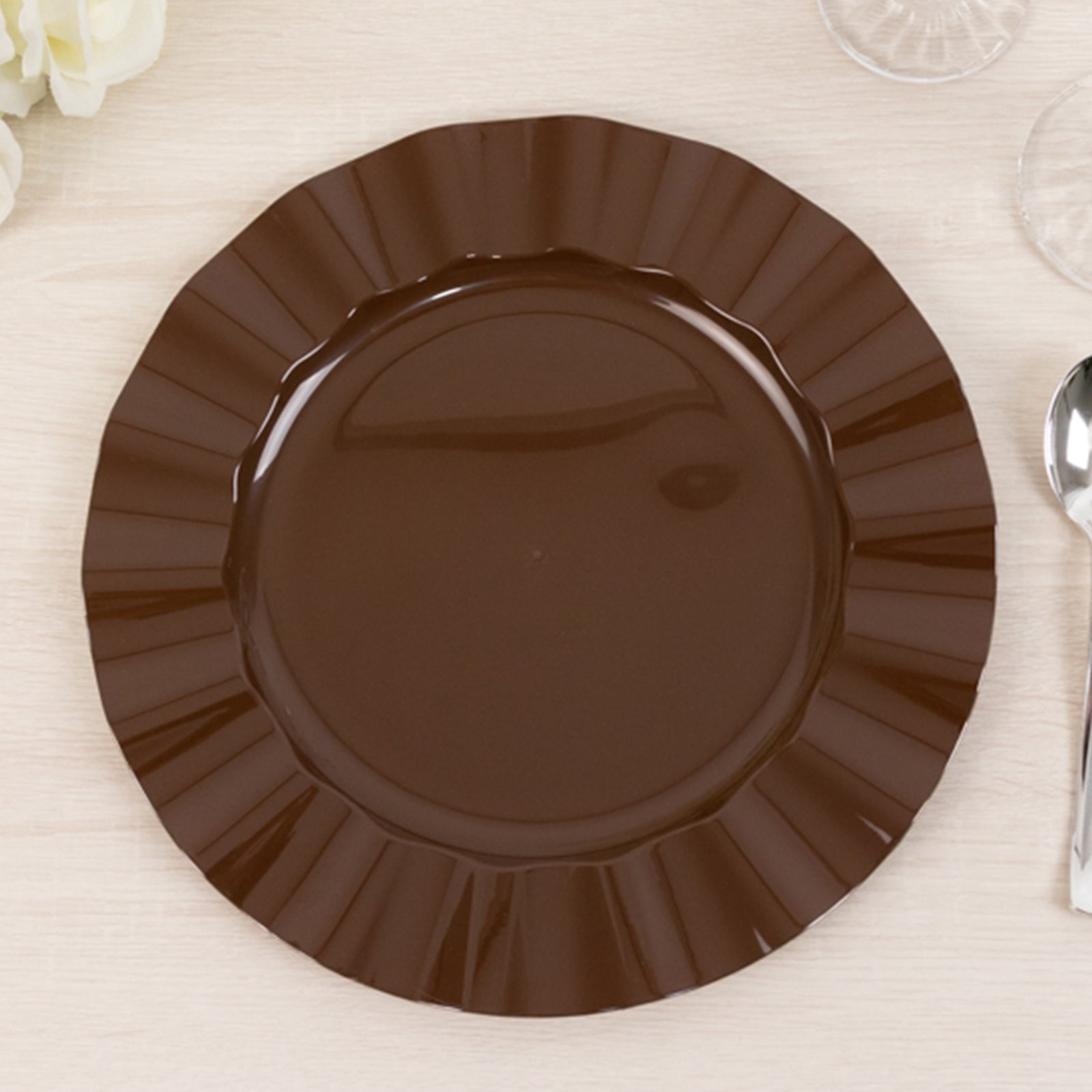 10-Pack Plastic 11" Round Dinner Plates in Cinnamon Brown Ruffled Rim with Gold Edging - Sturdy Disposable Dinnerware