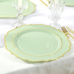 10-Pack Economy Plastic Round Charger Plates 13" in Sage Green with Gold Scalloped Rim, Decorative Dinner Party Serving Plates
