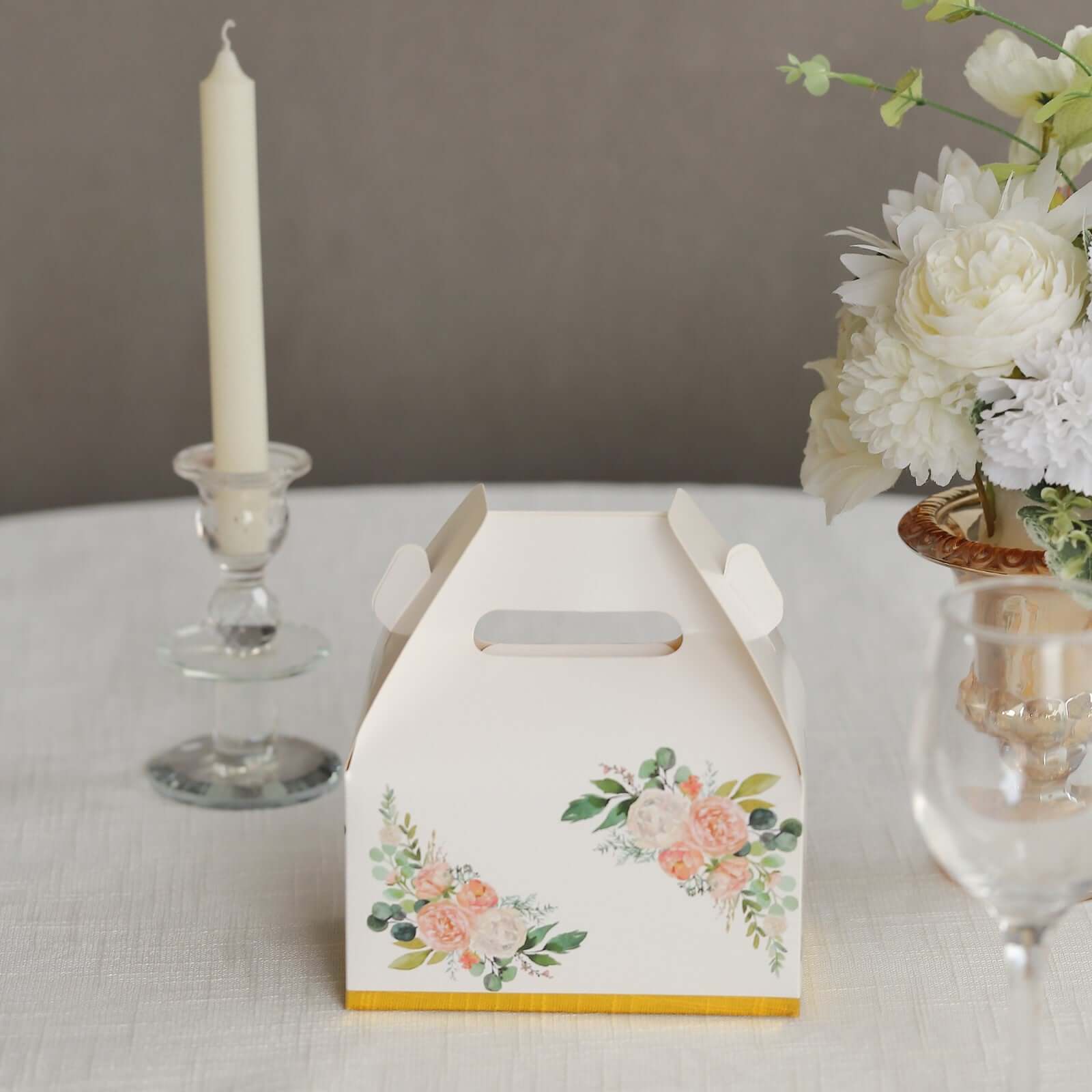 25 Pack White Pink Peony Flowers Print Candy Gift Tote Gable Boxes with Gold Edge, Party Favor Treat Boxes - 6"x3.5"x7"