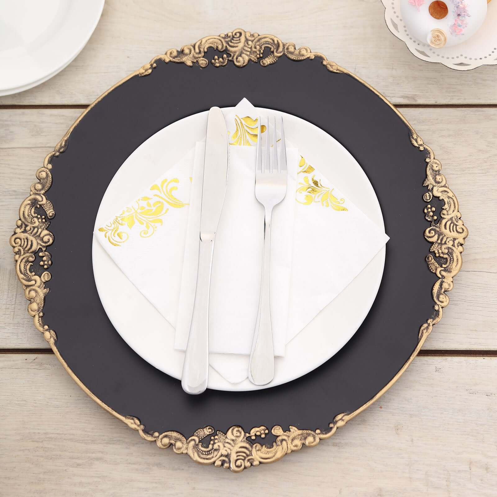 6-Pack Acrylic Round Charger Plates 13" in Matte Black with Gold Embossed Baroque Rim, Antique Decorative Dinner Party Charger Tableware