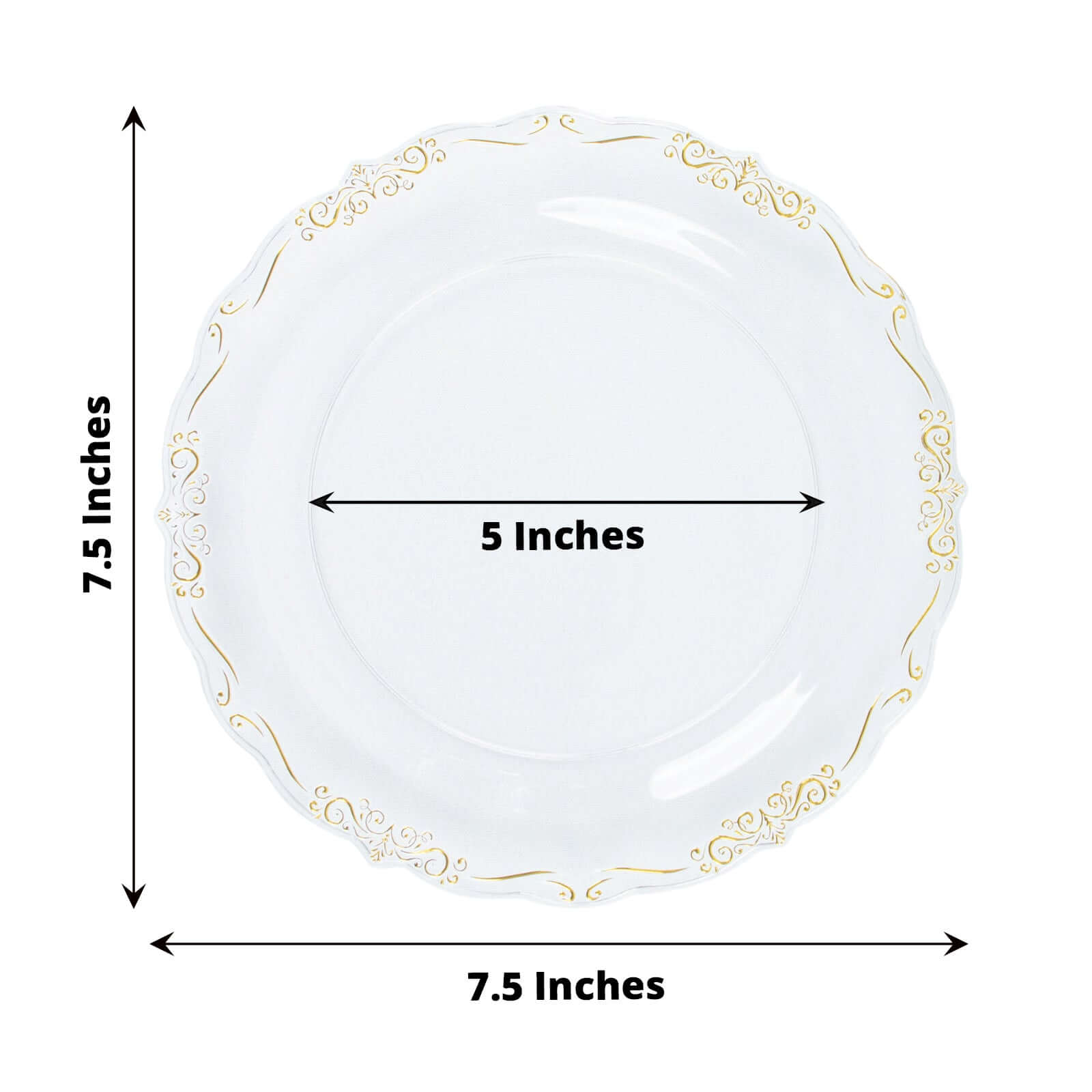 10-Pack Plastic 7" Round Dessert Plates in Clear with Gold Vintage Embossed Rim - Sturdy Disposable Scalloped Edge Salad Plates for Sophisticated Events & Celebrations