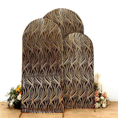 Set of 3 Black Wave Mesh Chiara Wedding Arch Covers With Gold Embroidered Sequins, Fitted Covers For Round Top Backdrop Stands - 5ft,6ft,7ft