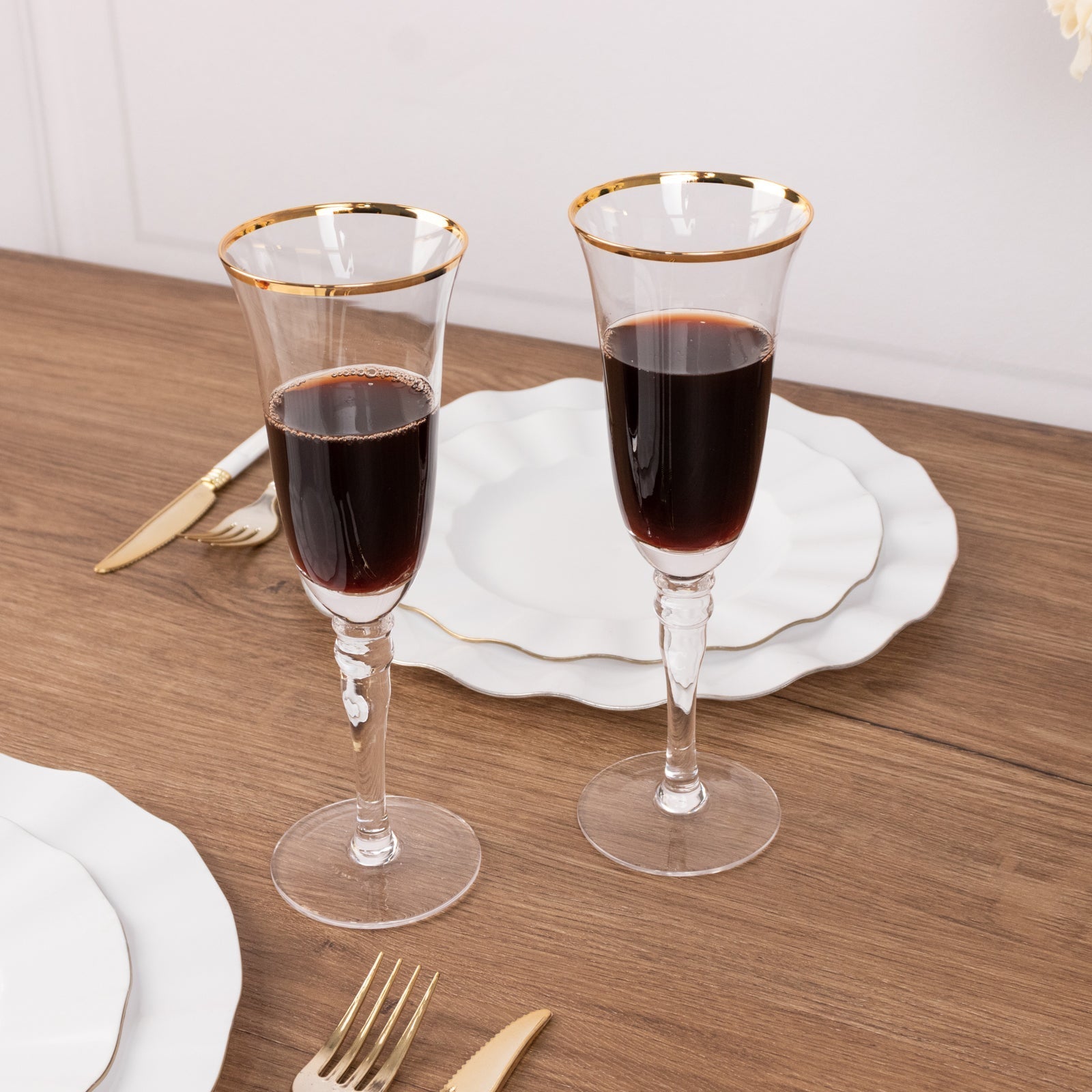 6-Pack Champagne Flute Glasses Clear Gold Rimmed Design with Long Beaded Stem - Chic Crystal Glassware for Wine & Events 6oz 8.5"