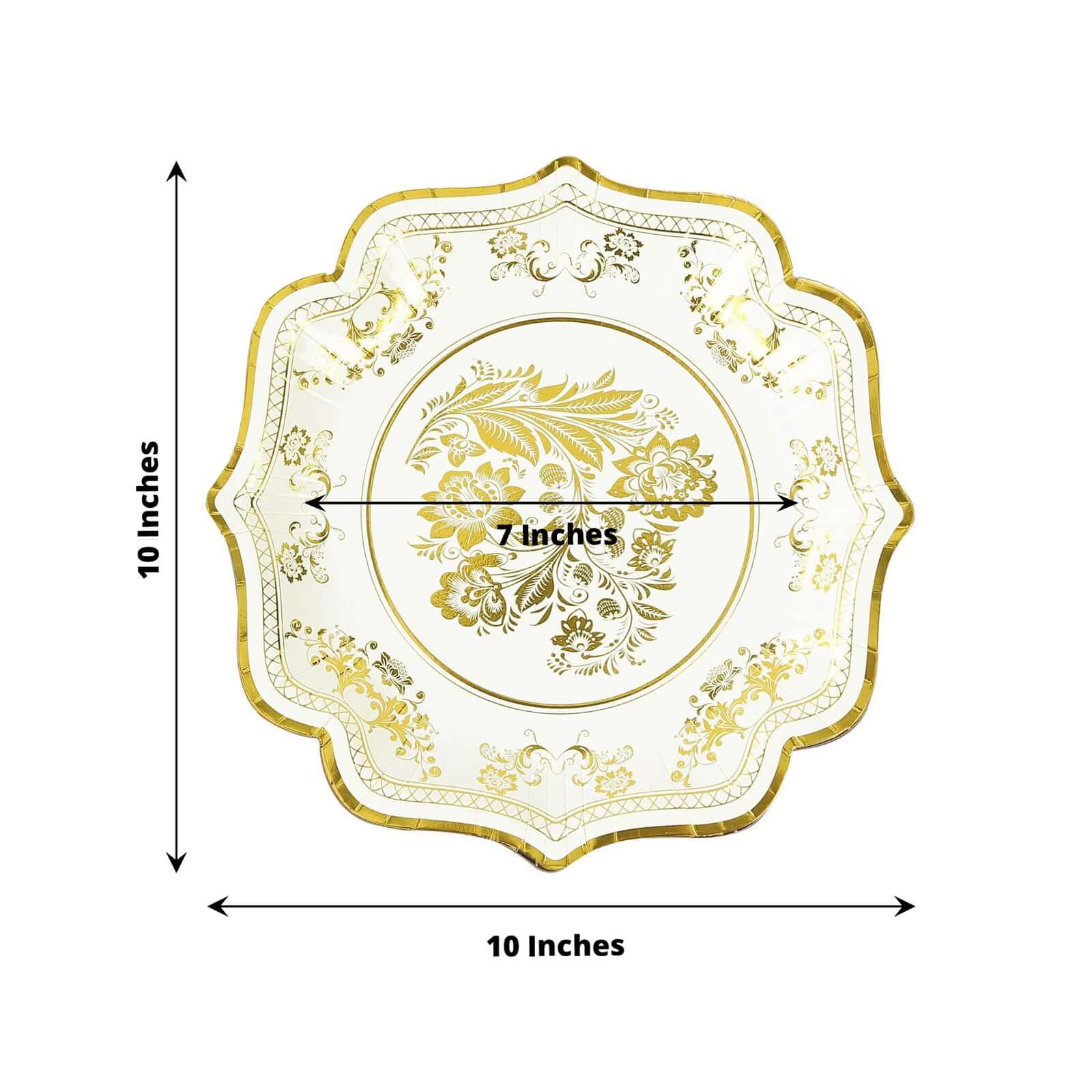 25-Pack Paper Dinner Plates in White Gold Damask Floral Print & Scallop Rim - Stylish Disposable 300GSM Floral Party Plates 10"