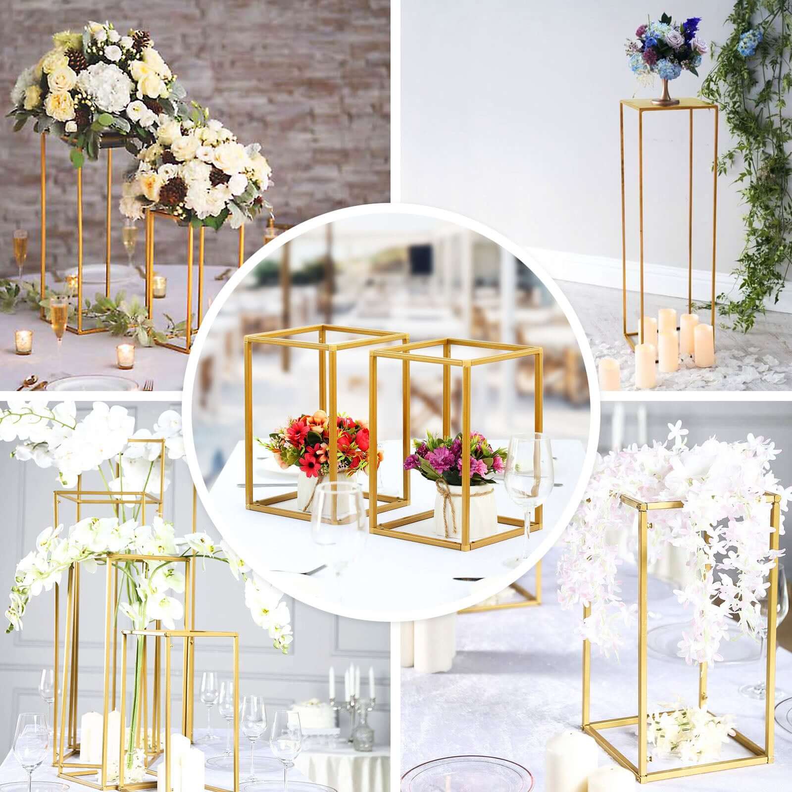 2-Pack Wedding Flower Stand Gold Metal Geometric Column Frame Rectangular - Versatile Floral Pedestal for Sophisticated Arrangements 40"