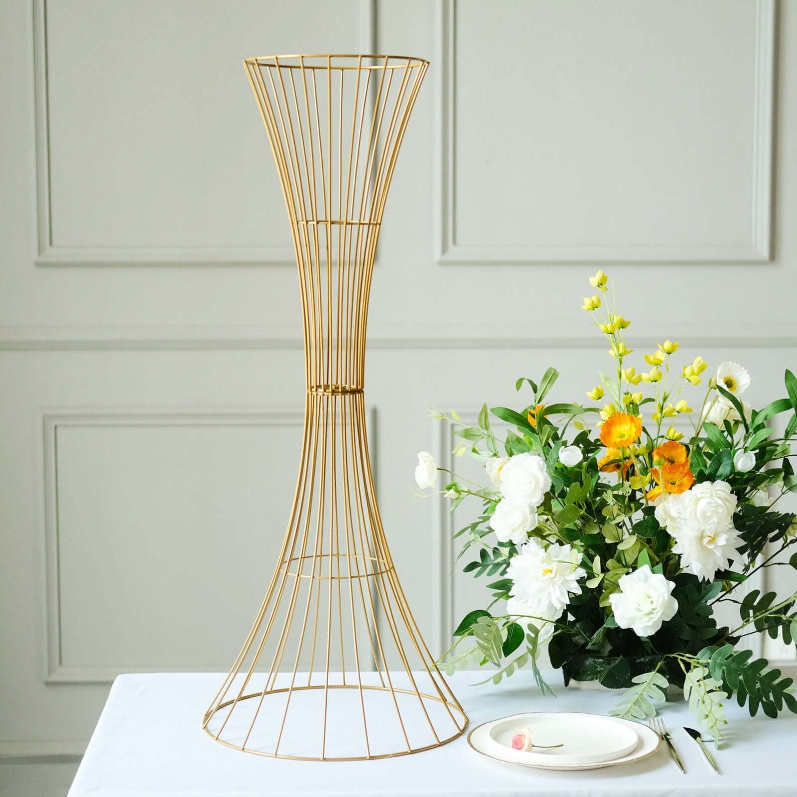 36" Tall Gold Metal Wire Hourglass Flower Frame Stand, Open Frame Reversible Trumpet Centerpiece Stand