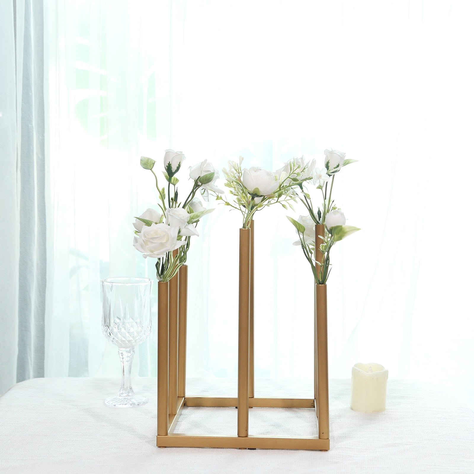Flower Vase Gold Metal Minimalist 8-Tubes Square Base Design - Single Stem Bud Centerpiece for Arrangements 10"