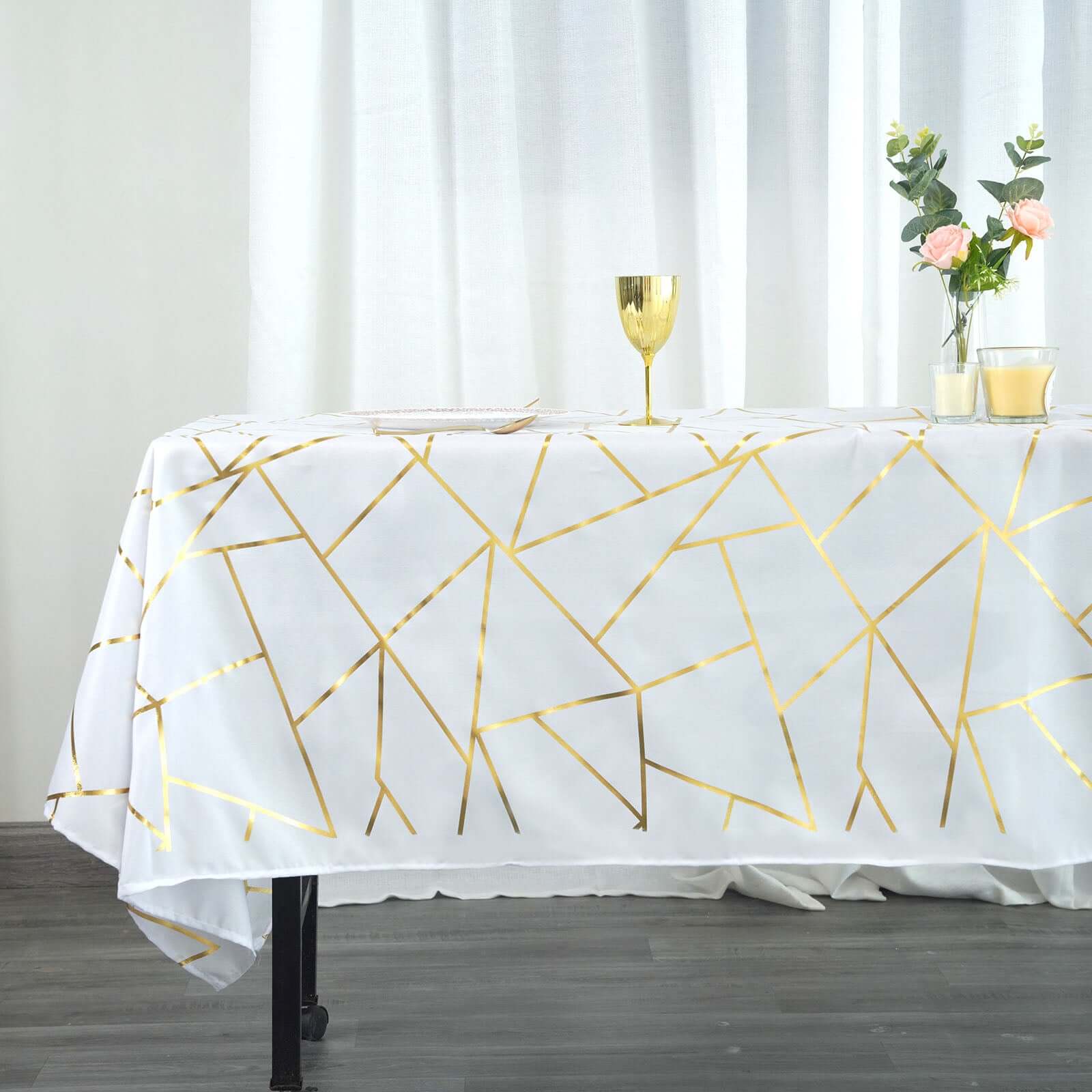 Polyester 60"x102" Rectangle Tablecloth White with Gold Foil Geometric Pattern - Wrinkle-Resistant and Durable Table Cover for Weddings & Events
