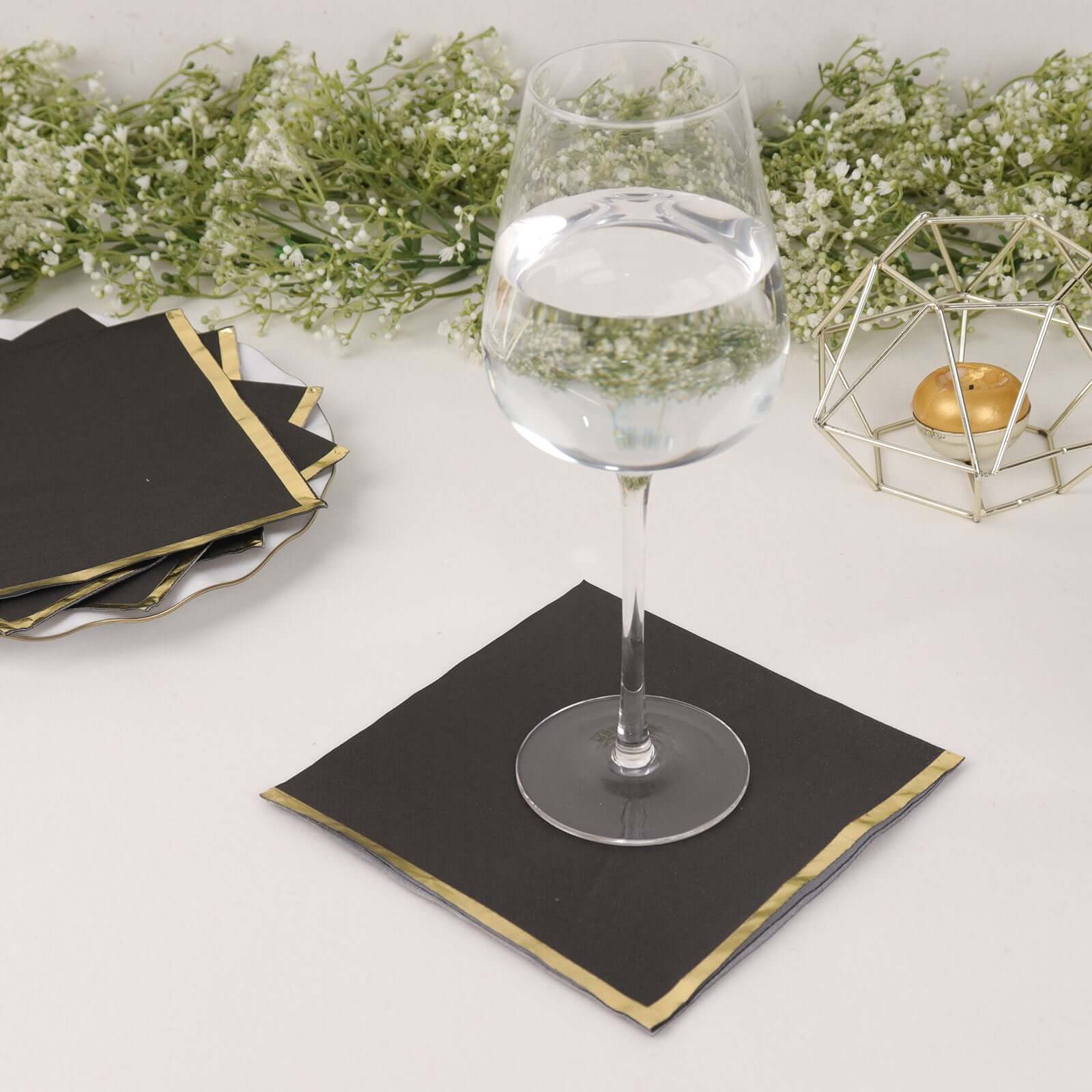 50-Pack Paper Beverage Napkins with Gold Foil Edge Black - Disposable 2 Ply Cocktail Napkins for Events 6.5"x6.5"