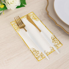 50-Pack Paper Dinner Napkins White with Gold Foil Lace Design 2 Ply - European Style Napkins for Parties 8"x4"