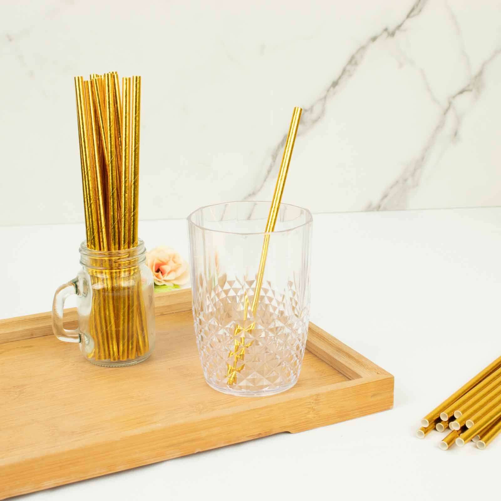 50-Pack Paper Drinking Straws Metallic Gold Foil Food Grade - Disposable Biodegradable Straws for Events 8"