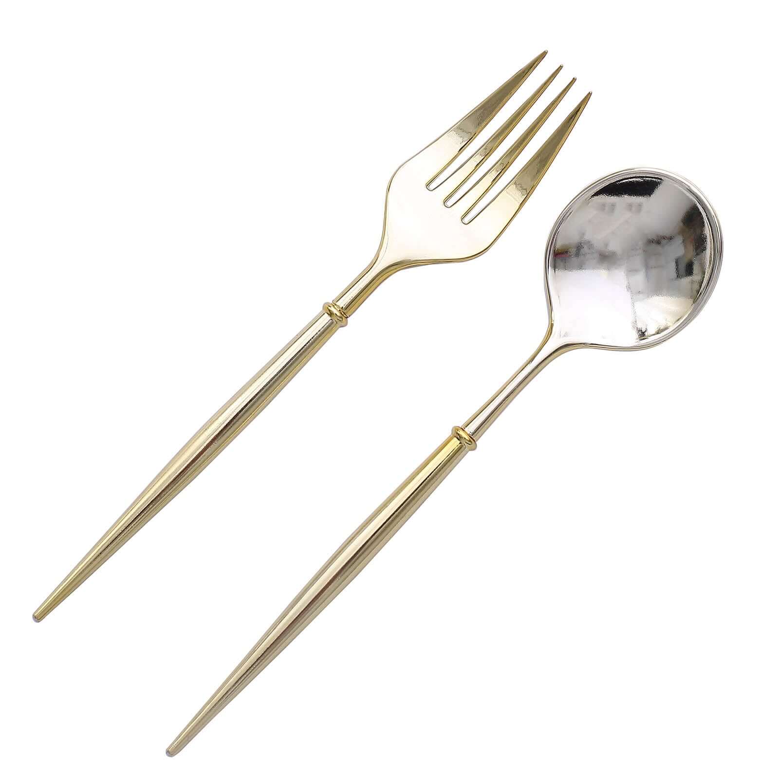 24-Pack Plastic Fork and Spoon Set Metallic Gold - Heavy Duty Disposable Modern Utensils 6"