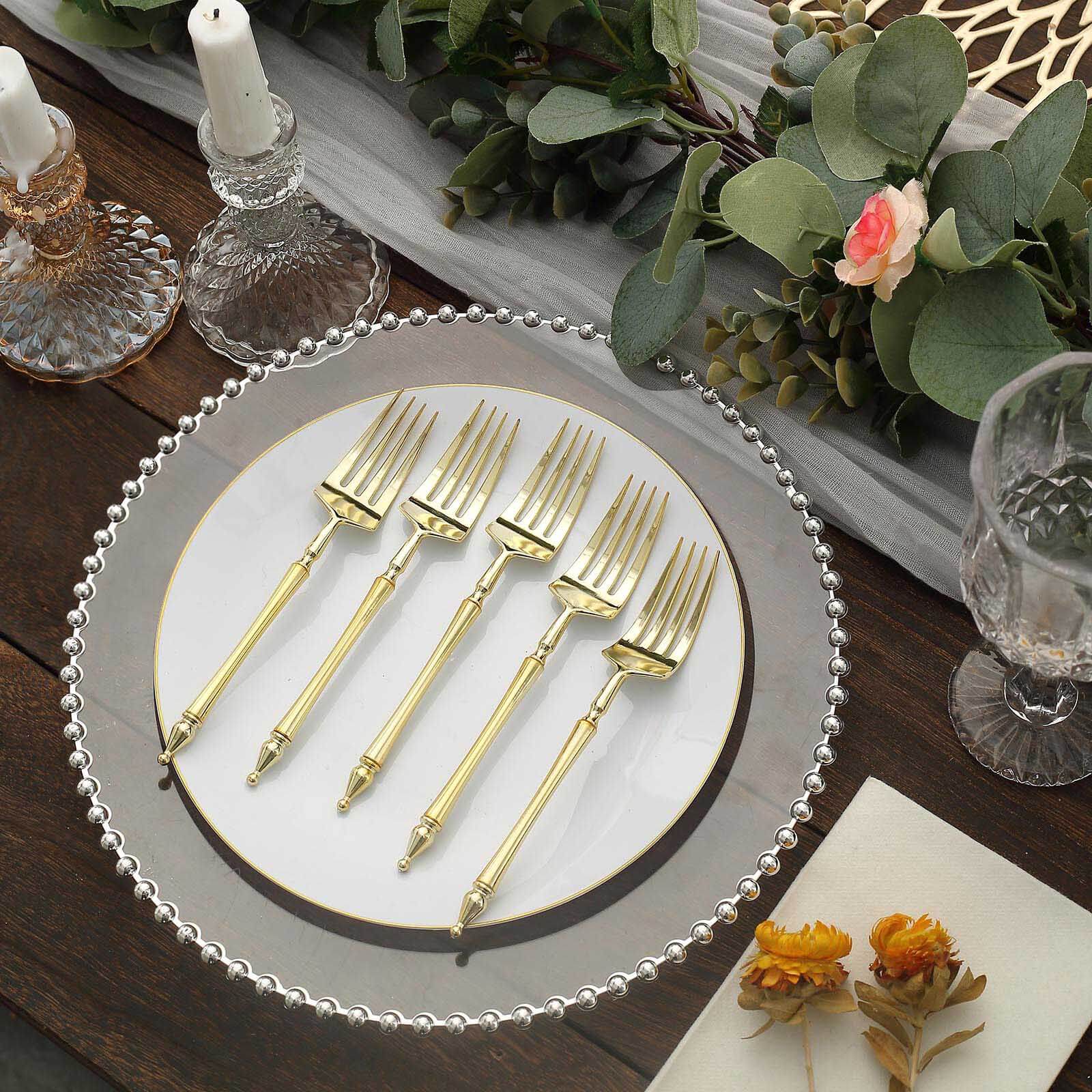 24-Pack Plastic Dessert Forks with Roman Column Handle Gold - European Style Disposable Utensils 6"