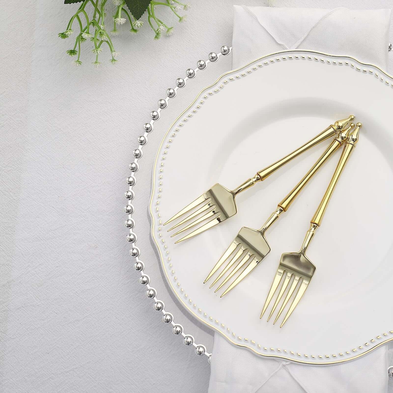 24-Pack Plastic Dessert Forks with Roman Column Handle Gold - European Style Disposable Utensils 6"
