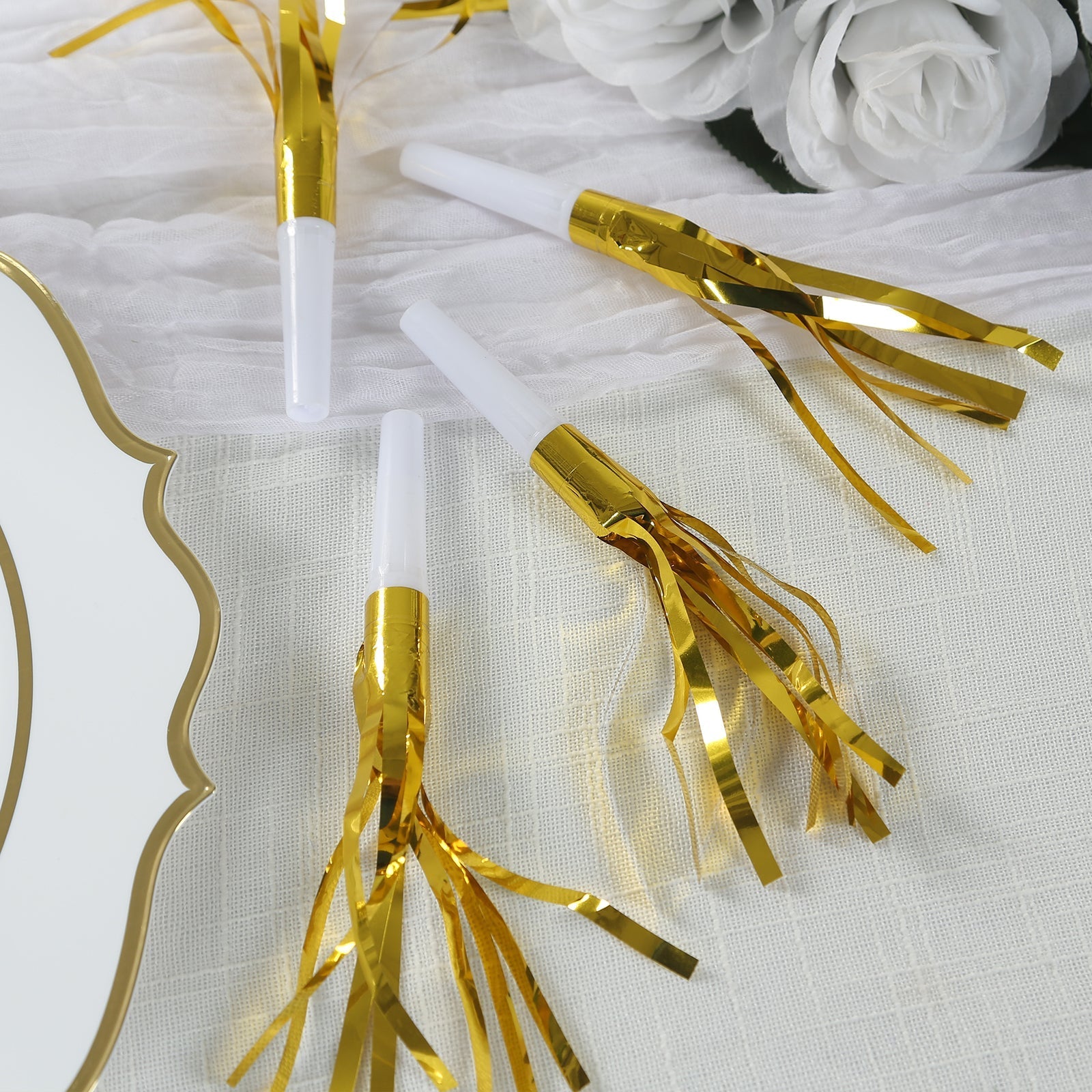 24 Pack Party Horn Noisemakers with Tassels - 7" Gold Metallic Fringed Blowouts for Events and Gatherings - Plastic & Foil Design