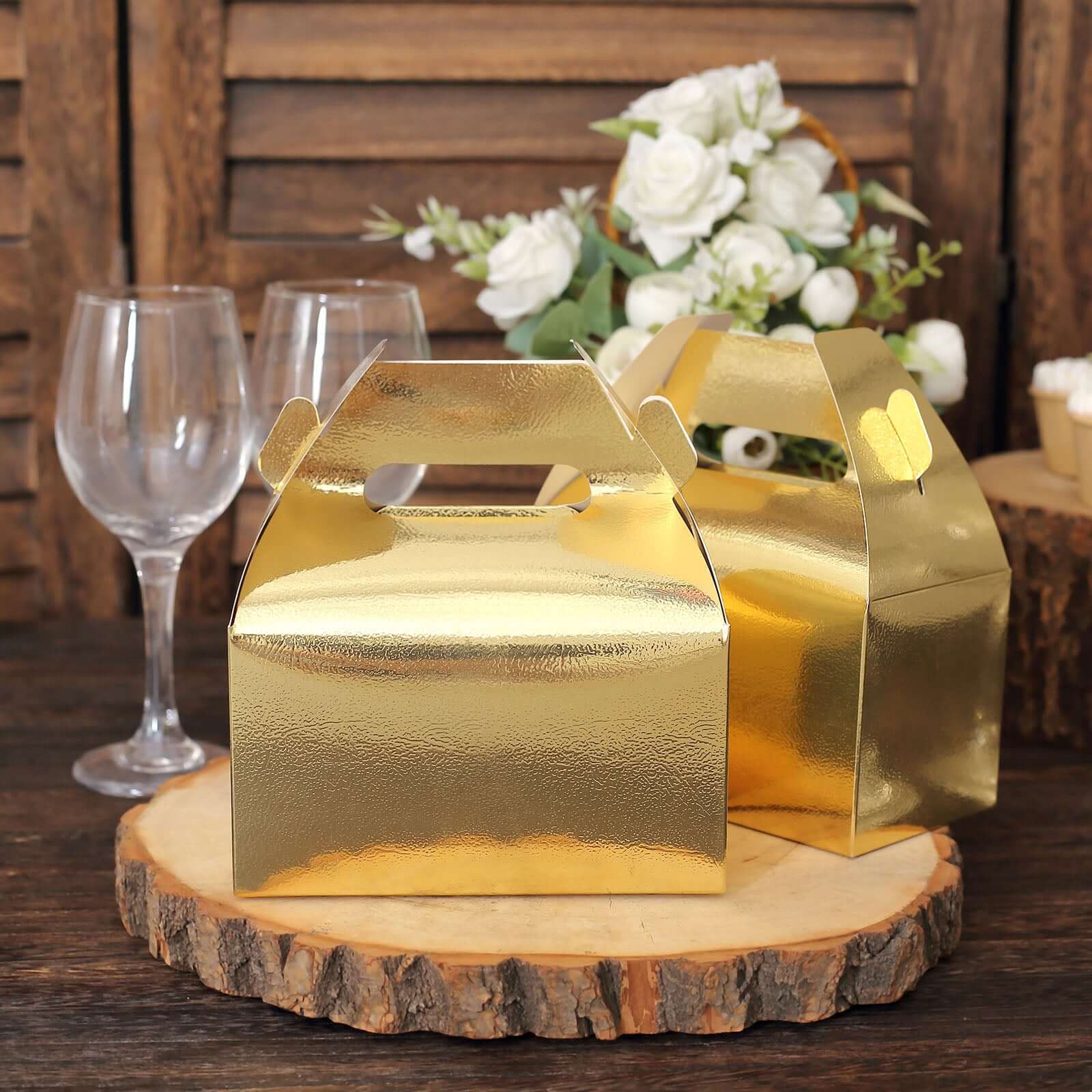 25 Pack Metallic Gold Candy Gift Tote Gable Boxes, Party Favor Treat Bags - 6"x3.5"x7"