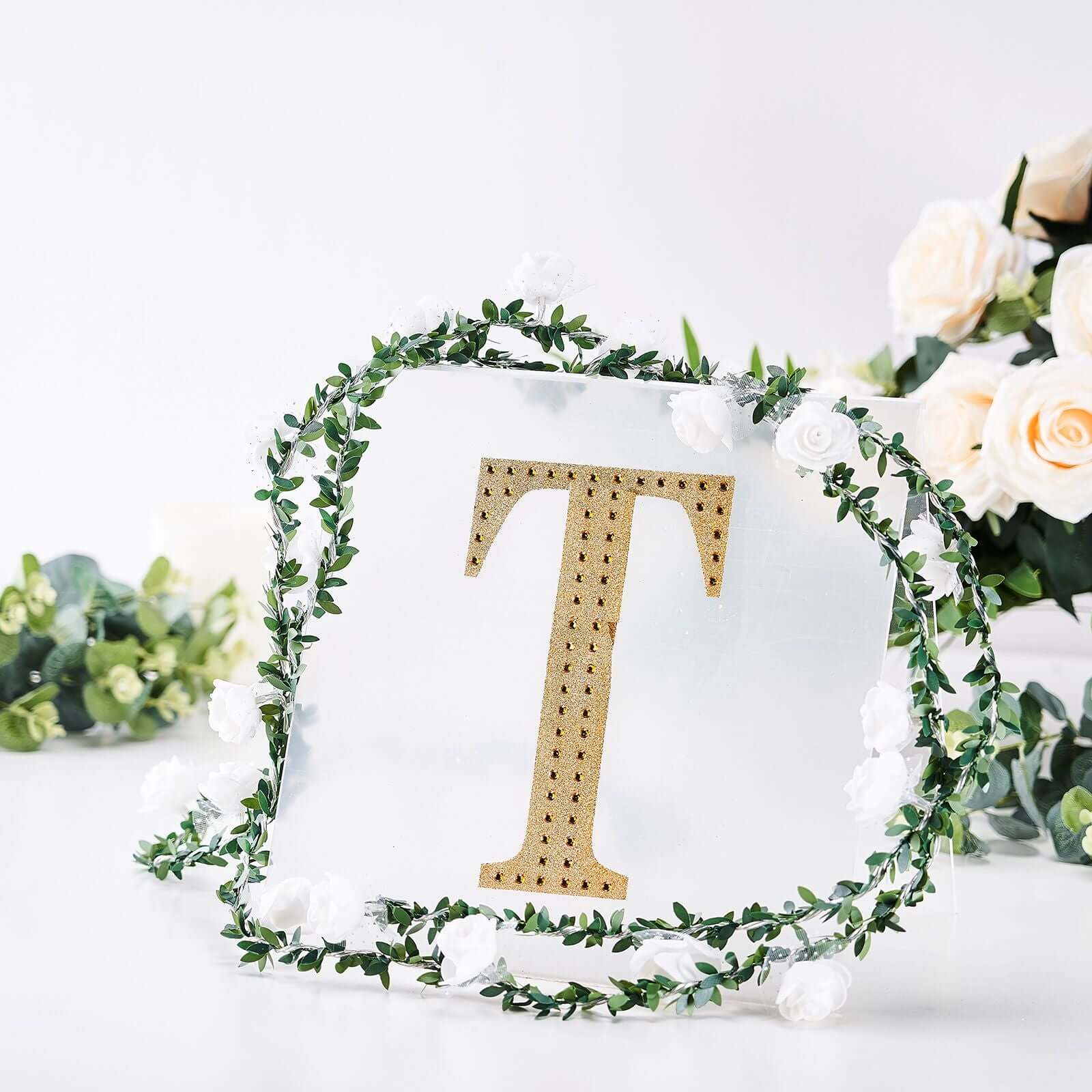Decorative Rhinestone Alphabet "T" Letter Stickers, Glitter Adhesive Craft Letters Gold DIY Sparkle Embellishments 8"