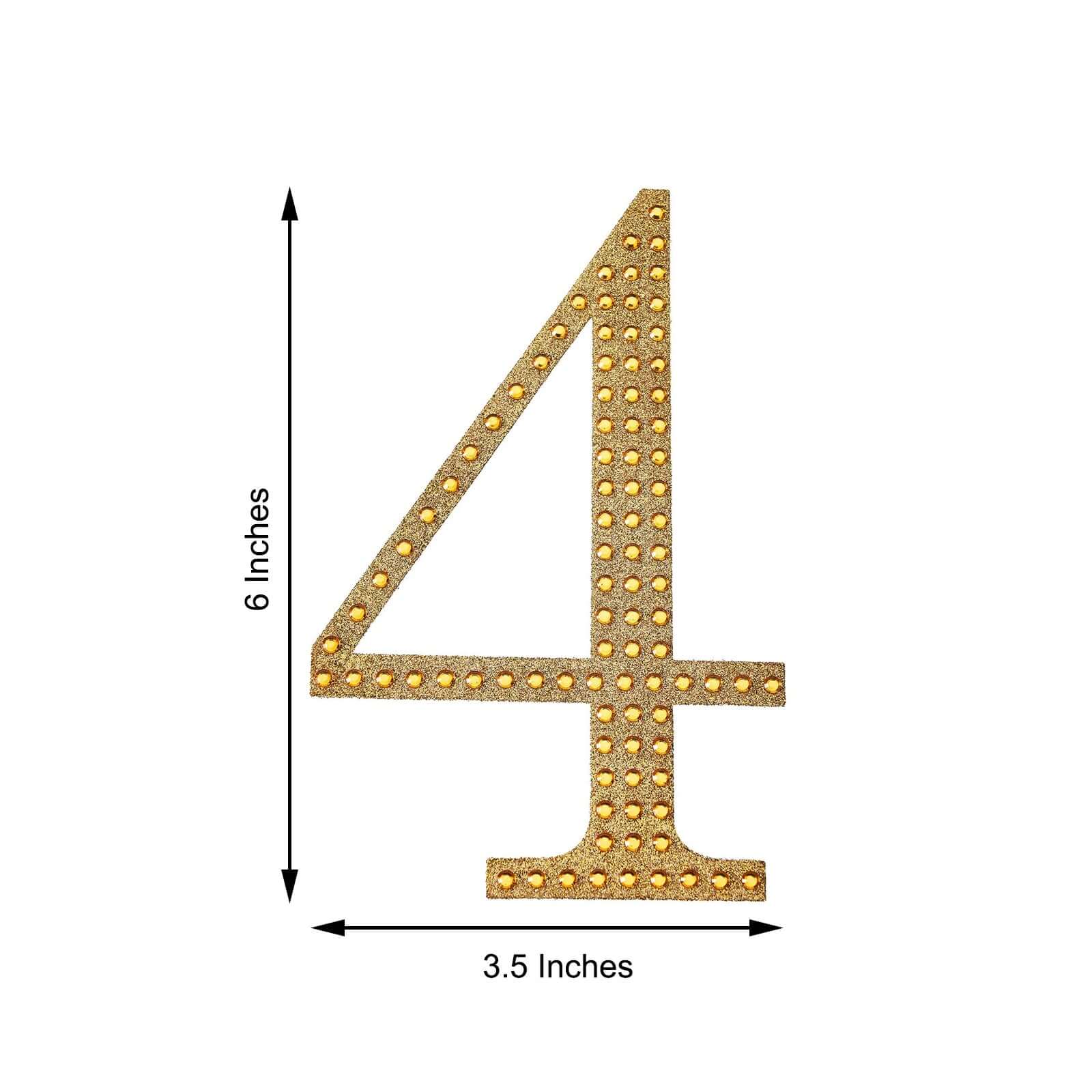 Decorative Rhinestone Number "4" Stickers, Glitter Adhesive Craft Numbers Gold DIY Sparkle Embellishments 6"