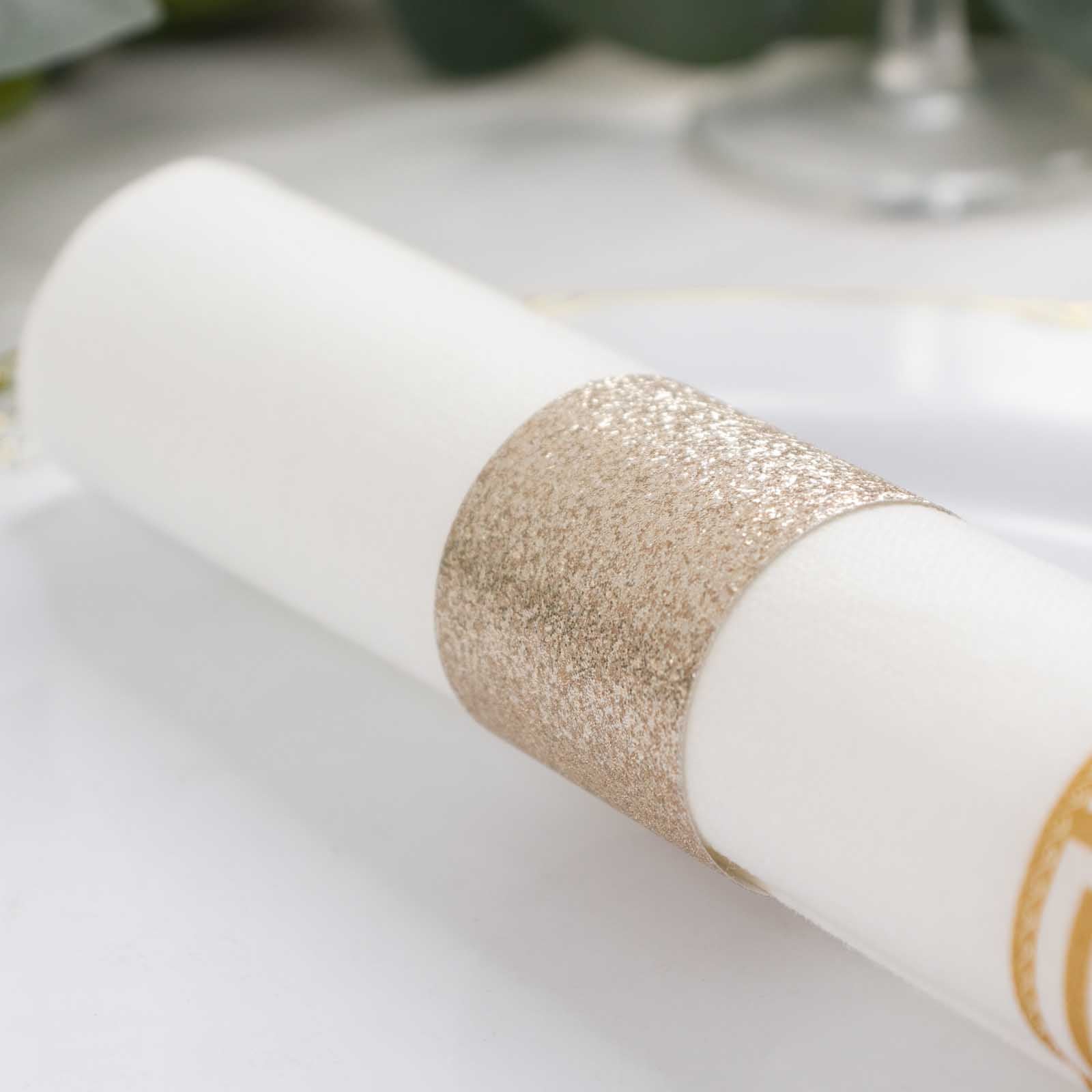 50-Pack Paper Napkin Rings Beige Glitter - Stylish Disposable Napkin Holders 1.5"