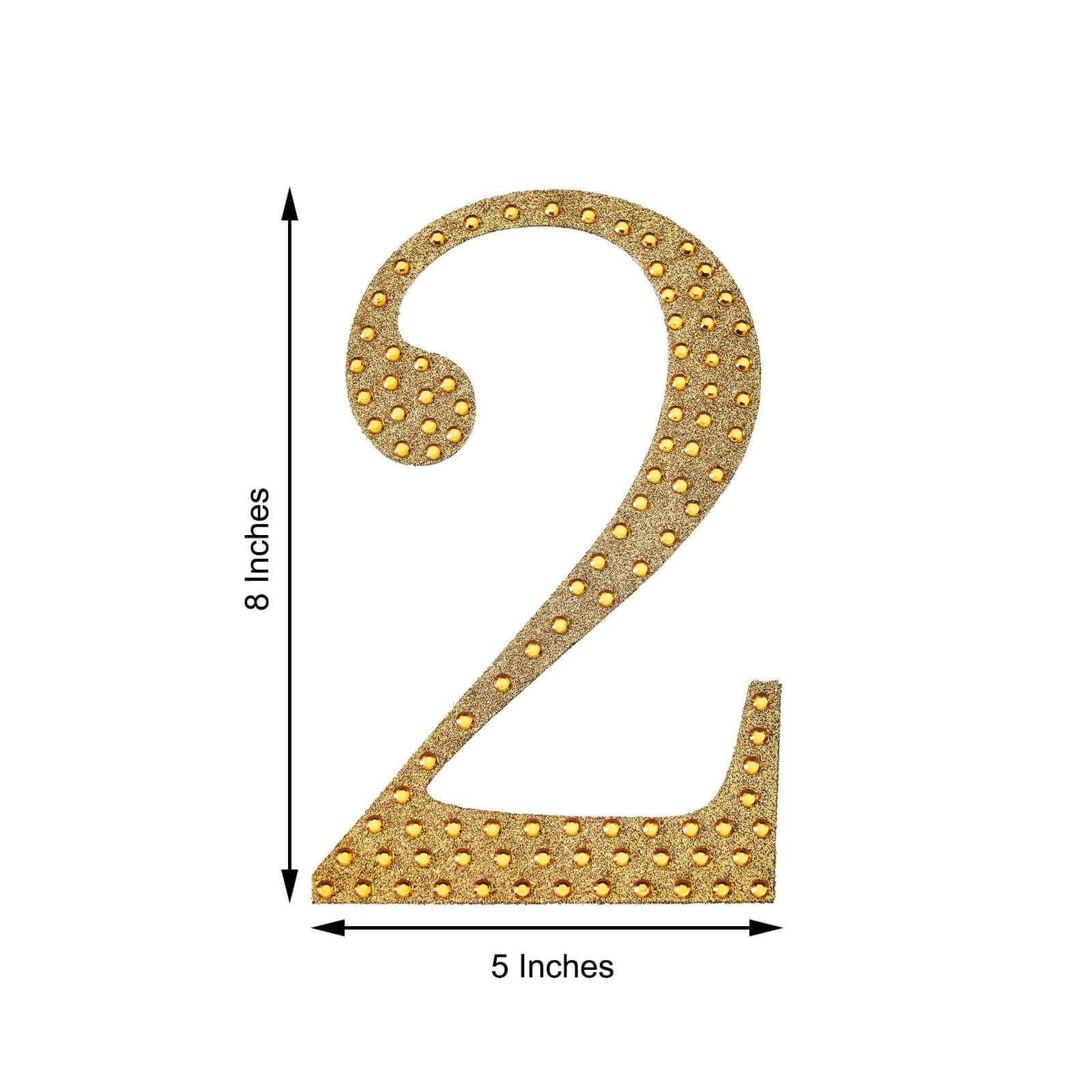Decorative Rhinestone Number "2" Stickers, Glitter Adhesive Craft Numbers Gold DIY Sparkle Embellishments 8"