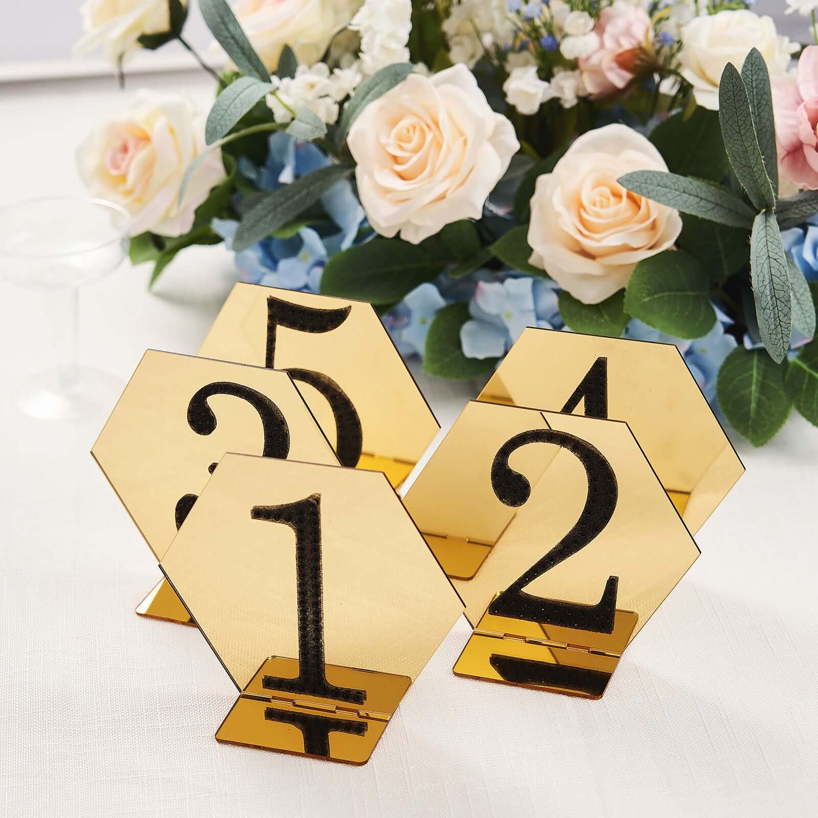 5-Pack Acrylic Table Sign Holders Hexagon Design Gold - Ideal for Modern Event Centerpieces 5"