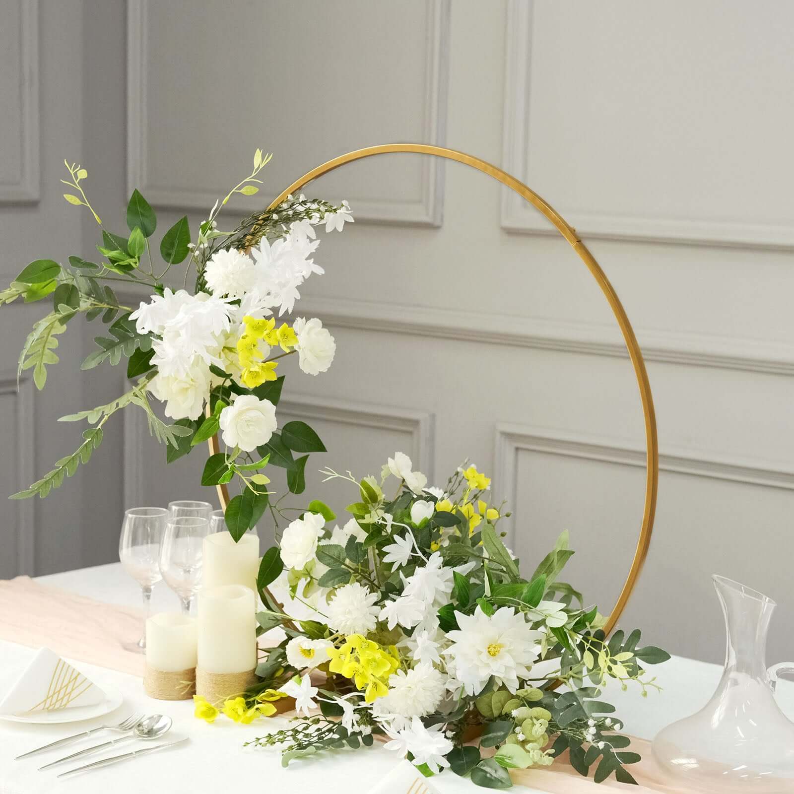 28" Gold Metal Round Hoop Wedding Centerpiece, Self Standing Table Floral Wreath Frame