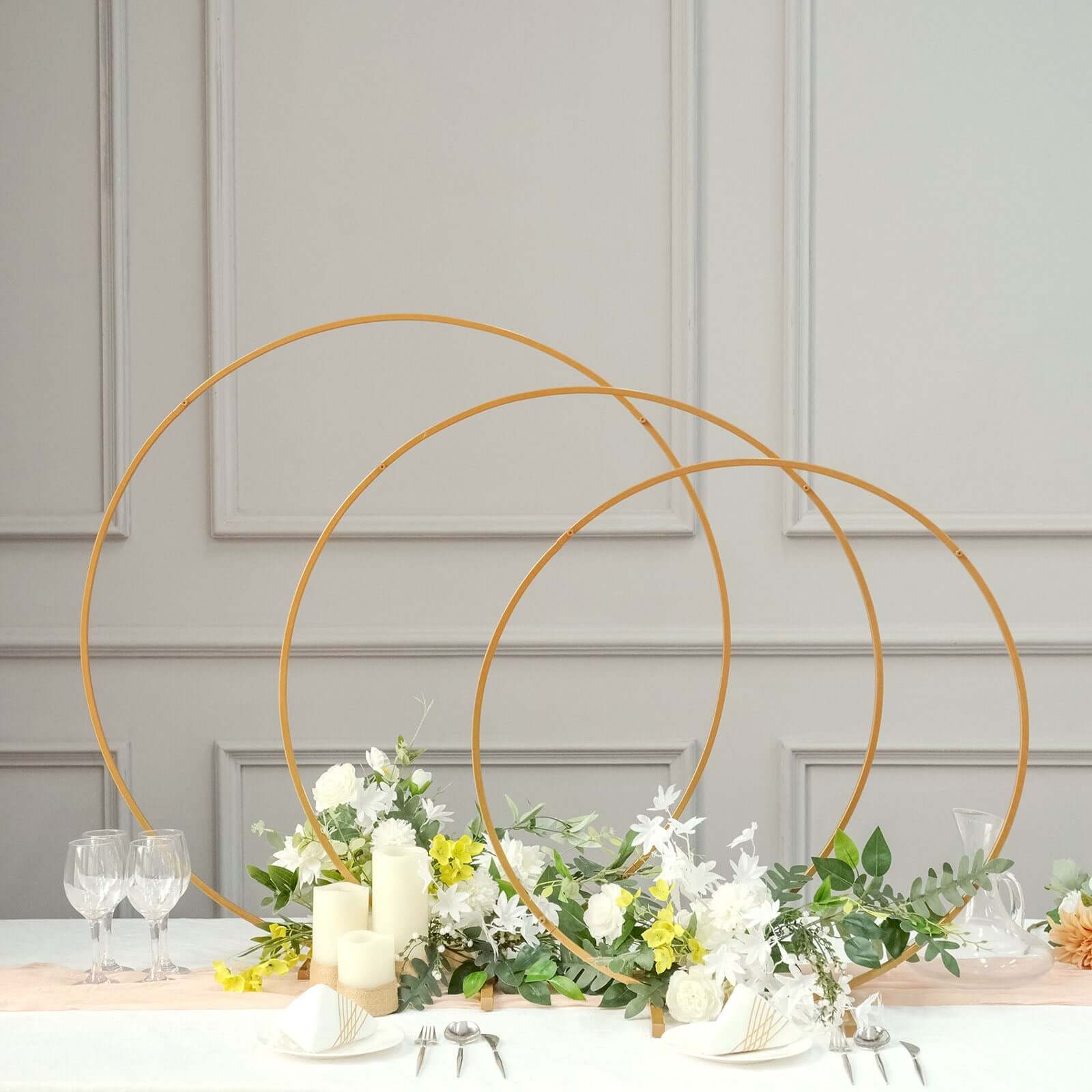 32" Gold Metal Round Hoop Wedding Centerpiece, Self Standing Table Floral Wreath Frame