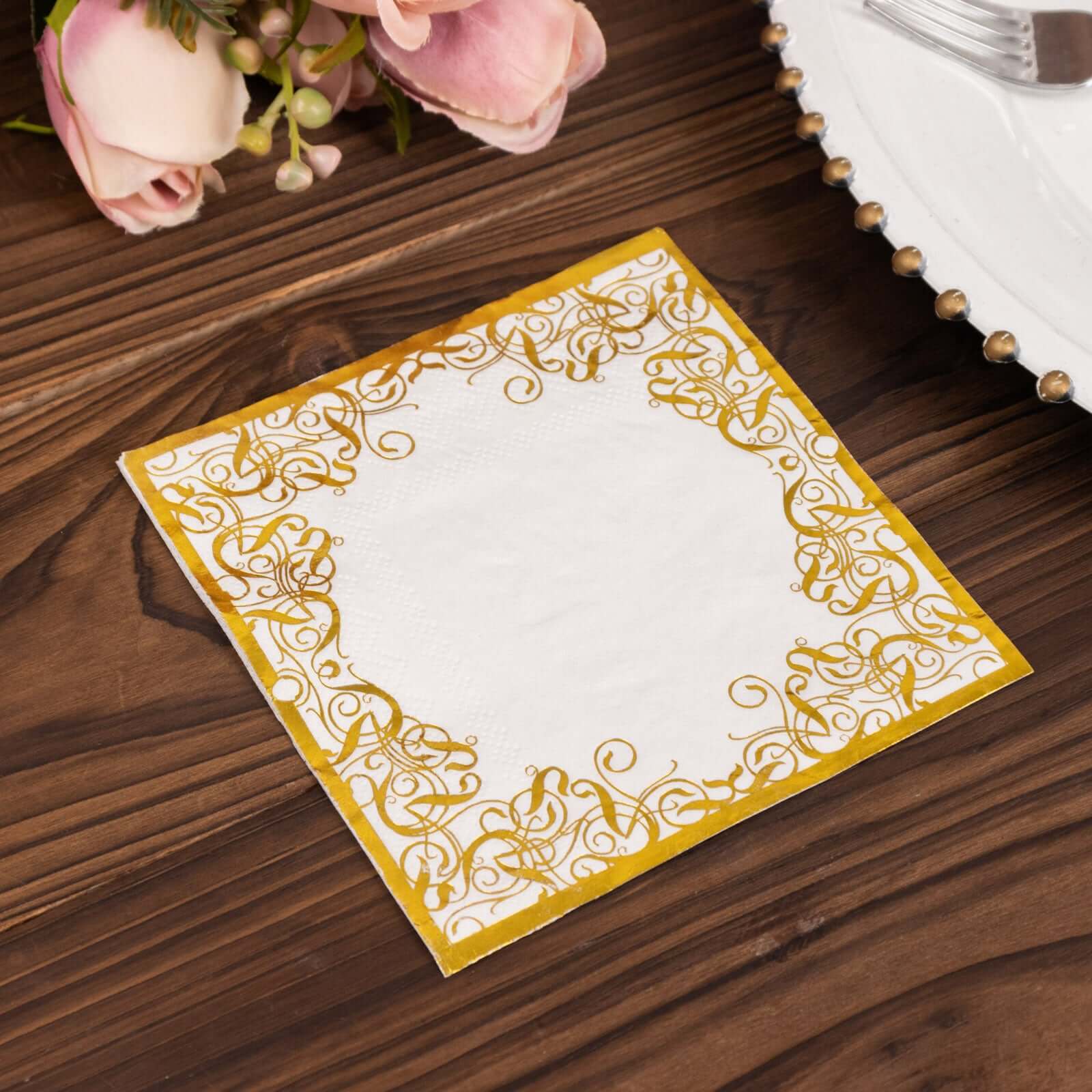 20-Pack Paper Beverage Napkins with Gold Foil Lace Design White - 3 Ply Disposable 18GSM European Style Cocktail Napkins 5"x5"