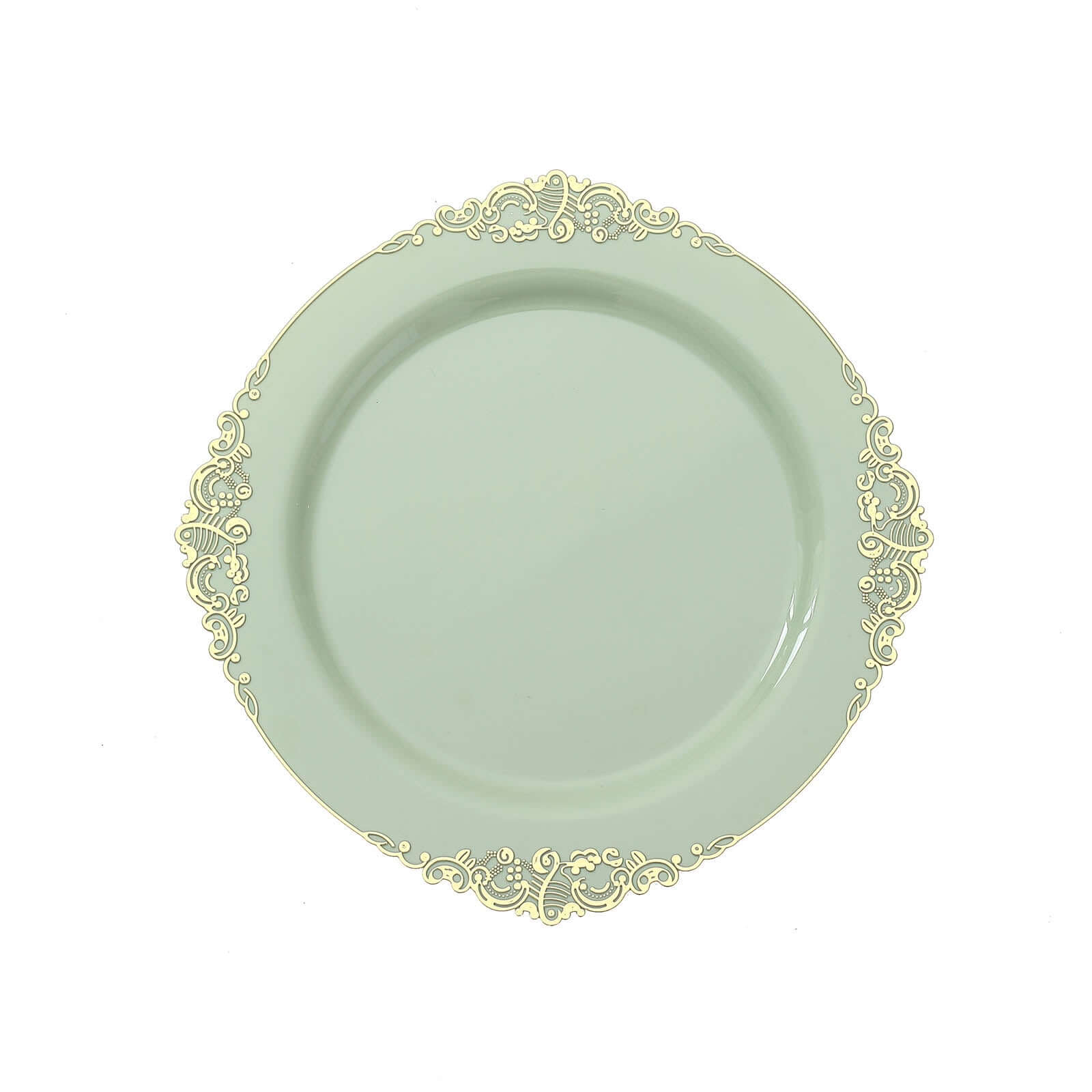 10-Pack Plastic 10" Round Dinner Plates in Sage Green with Gold Leaf Embossed Rim - Disposable Vintage Baroque Style Plates