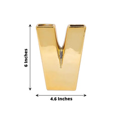Shiny Ceramic Vase Letter "V" Gold Plated - Chic Bud Planter Pot for Events & Decor 6"