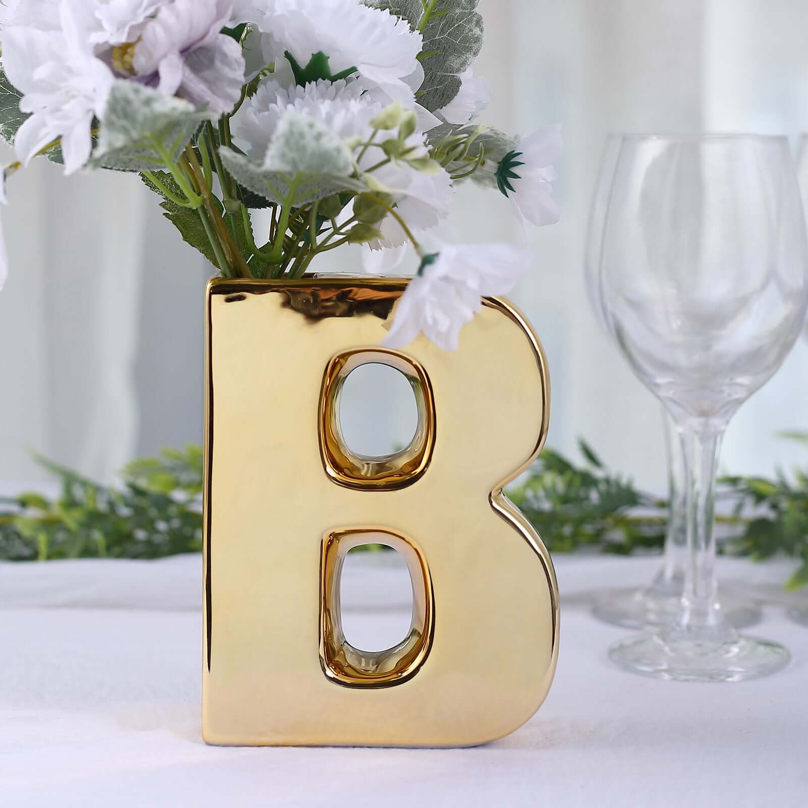 Shiny Ceramic Vase Letter "B" Gold Plated - Chic Bud Planter Pot for Events & Decor 6"