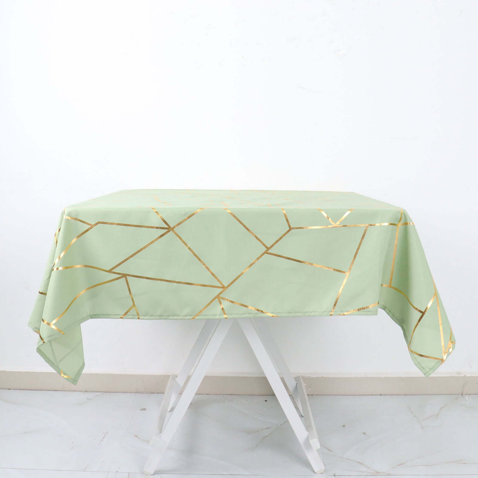 Polyester 54"x54" Square Tablecloth Sage Green with Gold Foil Geometric Pattern - Wrinkle-Resistant & Durable for Stylish Settings
