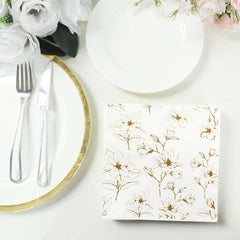 50-Pack Paper Cocktail Napkins with Gold Magnolia Flowers Print White - Highly 2 Ply Absorbent Soft Napkins for Beverages