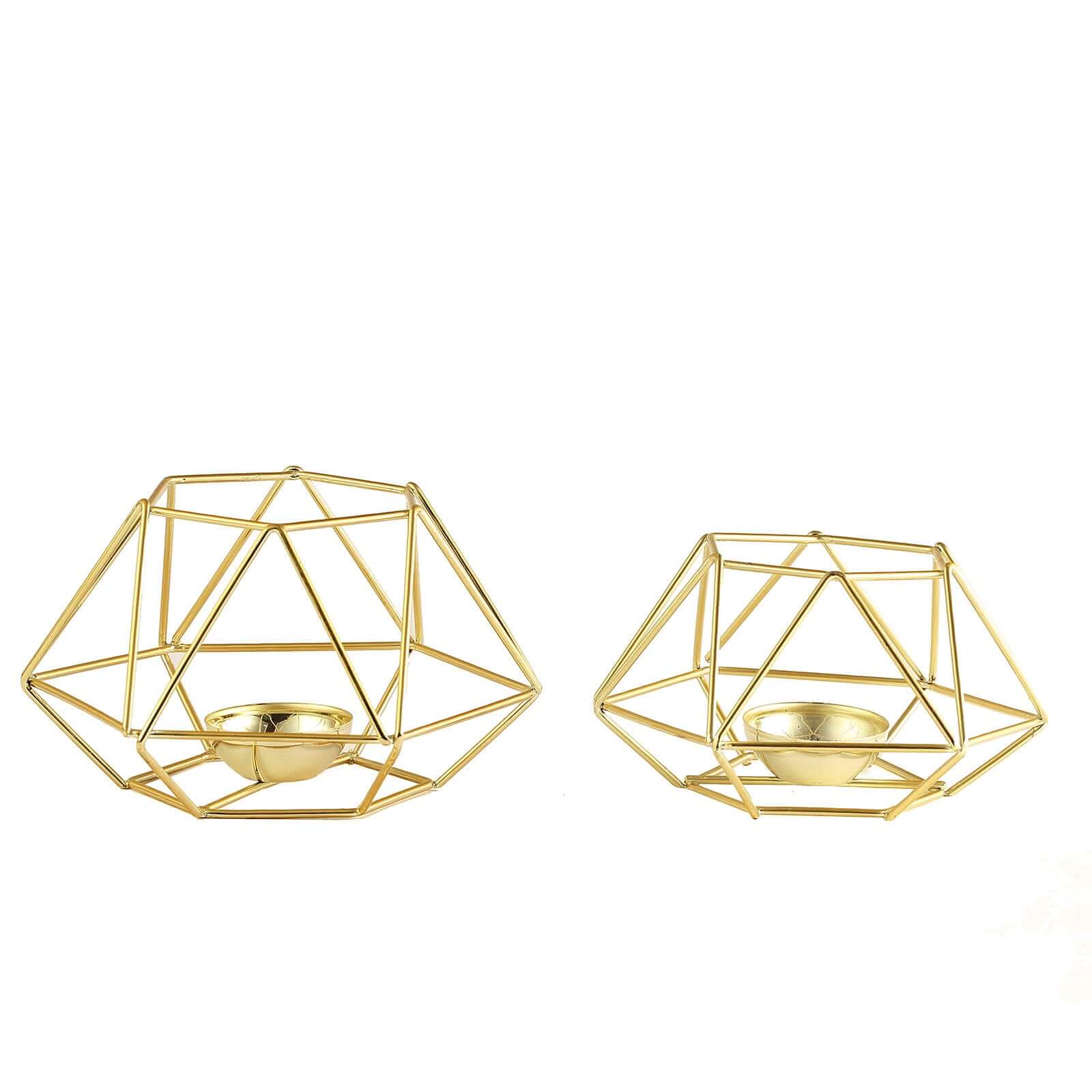 Set of 2 Candle Holders Metal Hexagon Geometric Design Gold - Modern Decorative Centerpieces for Tables 4"x3"