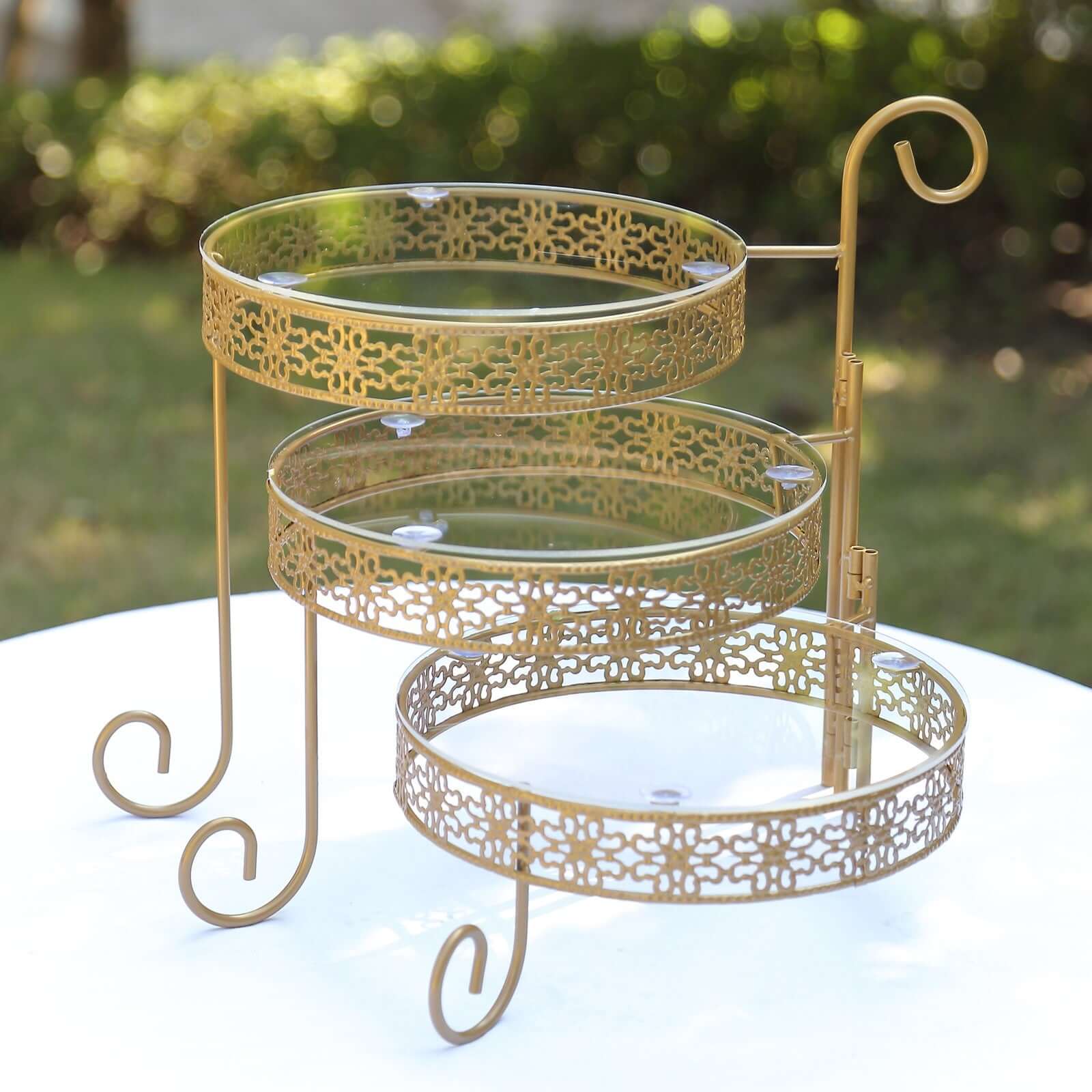 3-Tier Metal Rotating Cupcake Stand with Clear Acrylic Round Plates Gold - Hollow Lace Design Dessert Display 28"