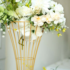 36" Tall Gold Metal Wire Hourglass Flower Frame Stand, Open Frame Reversible Trumpet Centerpiece Stand