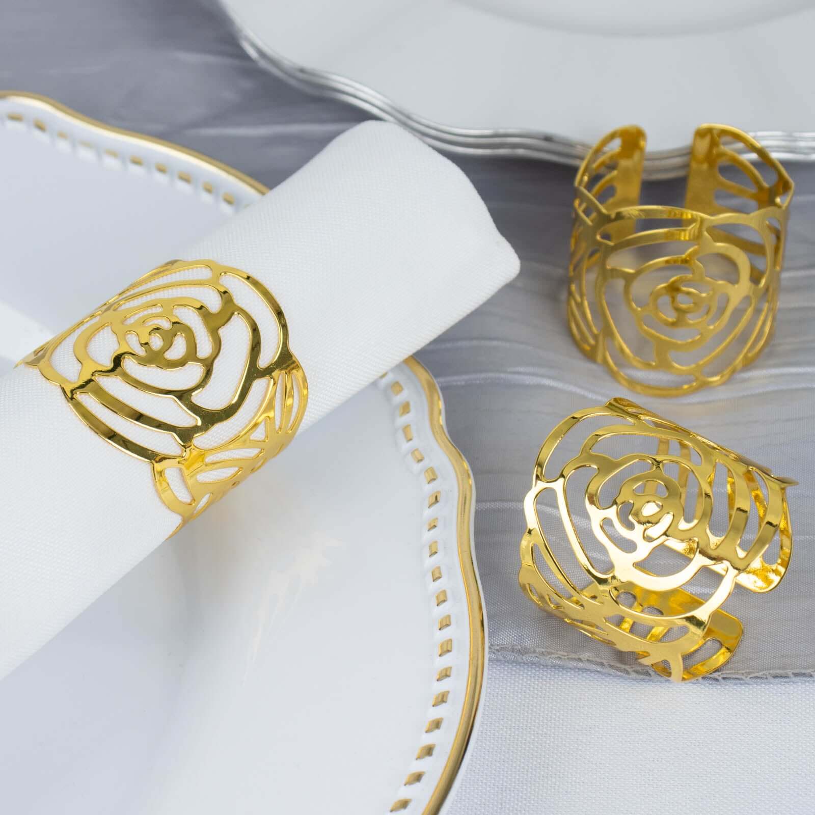 4 Pack Shiny Gold Laser Cut Rose Round Metal Napkin Rings, Decorative Flower Napkin Holders
