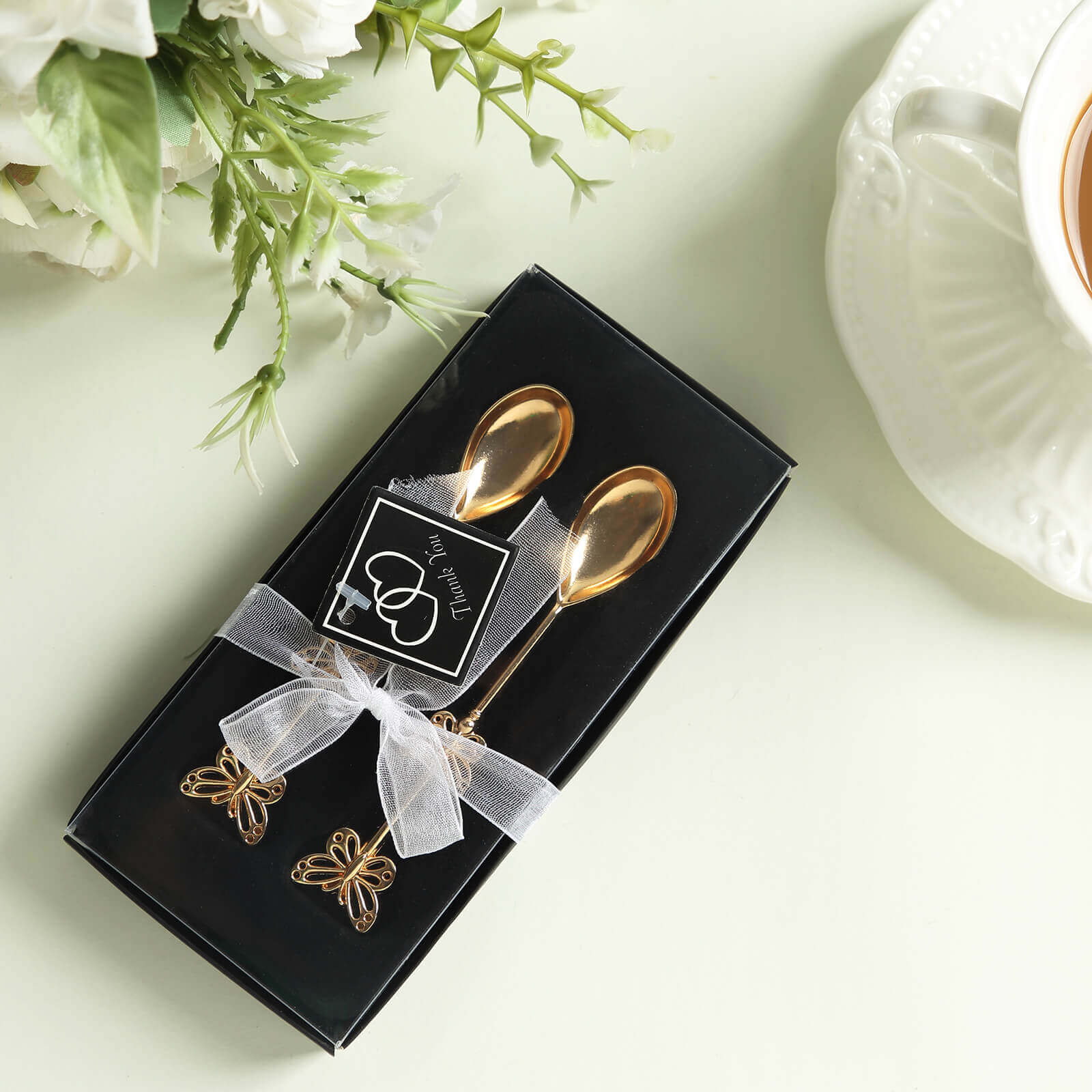 5 Pack Gold Metal Butterfly Handle Dessert Spoons in Clear Top Black Gift Box, Pre-Packed Mini Espresso Coffee Spoons Wedding Souvenir Gift with Thank You Tag and Ribbon - 4"