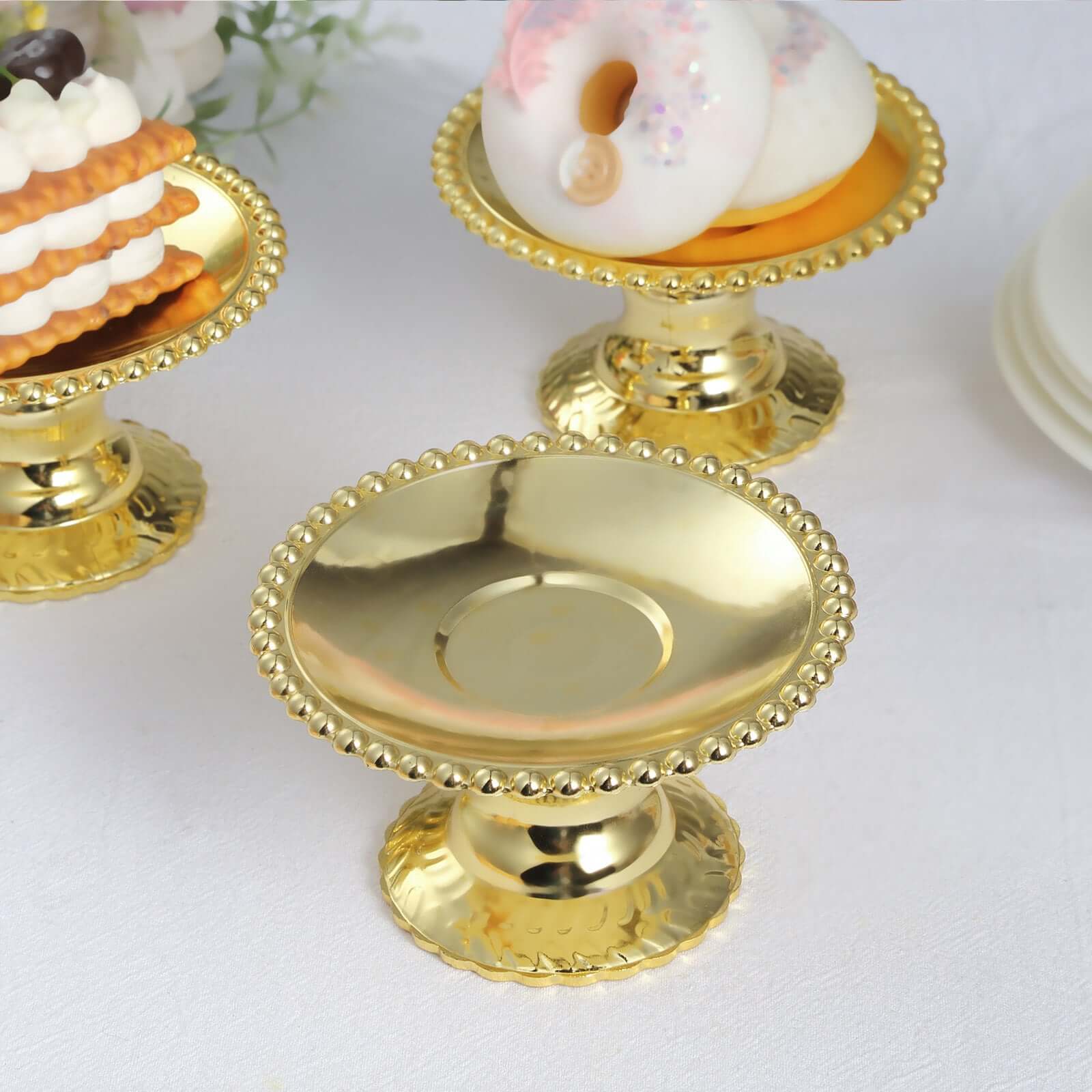 12-Pack Plastic Pedestal Cupcake Plates Mini Gold Mirror Finish Beaded Rim - Great for Displays 5"