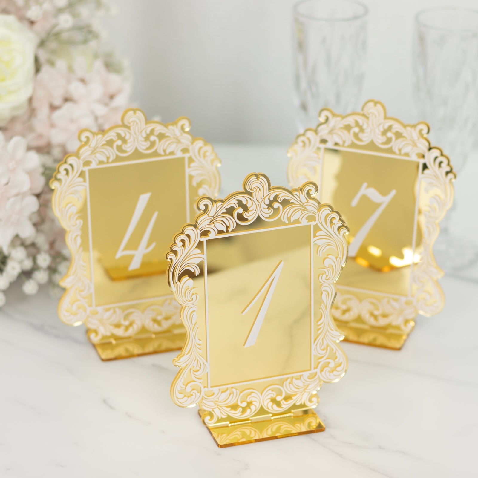 Gold Mirror Arch Acrylic Table Numbers (1-10) - 5"x7" Wedding Reception Signs with Baroque Lace Border, White Print & Stands