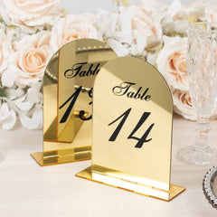 Gold Mirror Arch Acrylic Table Numbers (11-20) - 6"x7" Wedding Reception Signs with Black Print & Stands