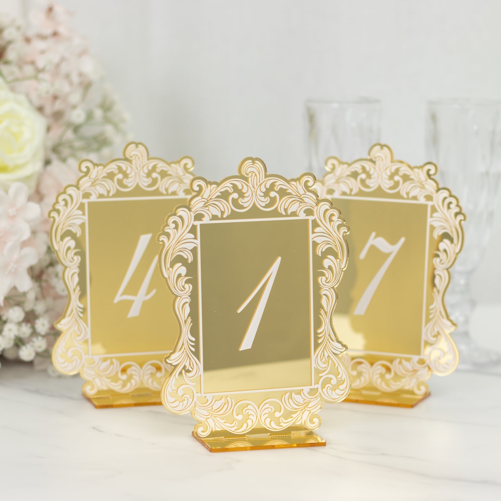 Gold Mirror Arch Acrylic Table Numbers (1-10) - 5"x7" Wedding Reception Signs with Baroque Lace Border, White Print & Stands