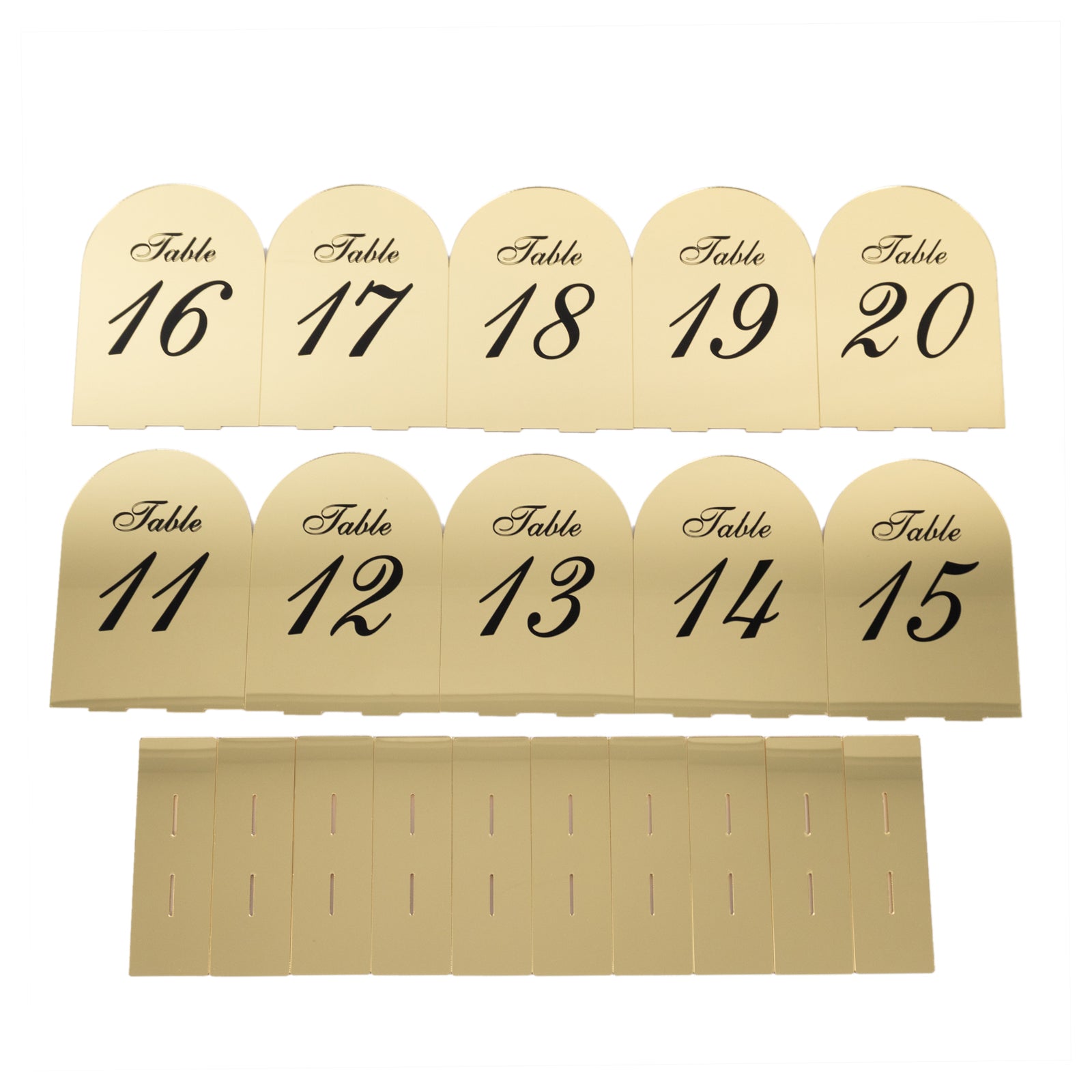 Gold Mirror Arch Acrylic Table Numbers (11-20) - 6"x7" Wedding Reception Signs with Black Print & Stands