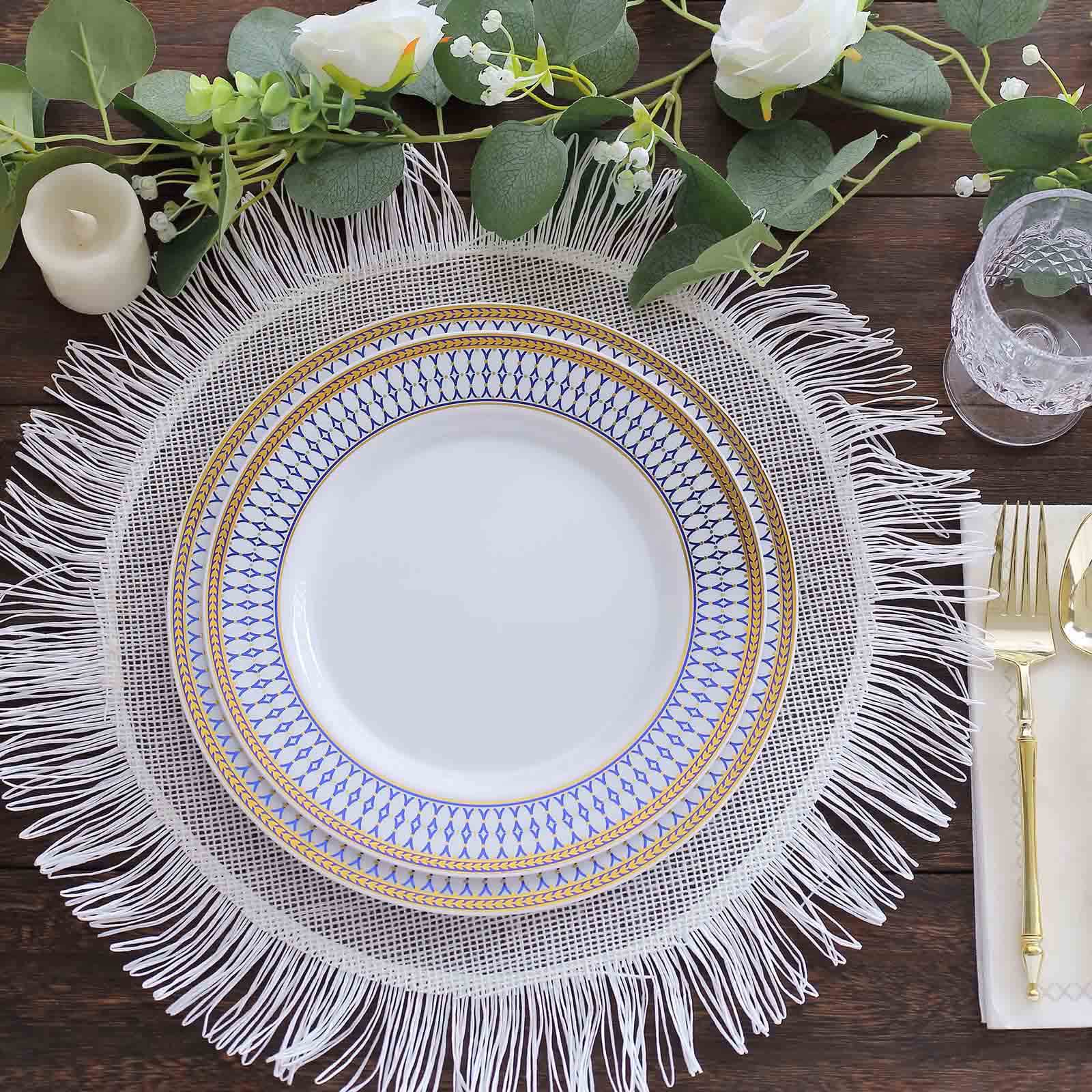 10-Pack Plastic 9" Round Dinner Plates in White with Gold Navy Blue Chord Rim - Renaissance Style Disposable Plates for Events & Banquets