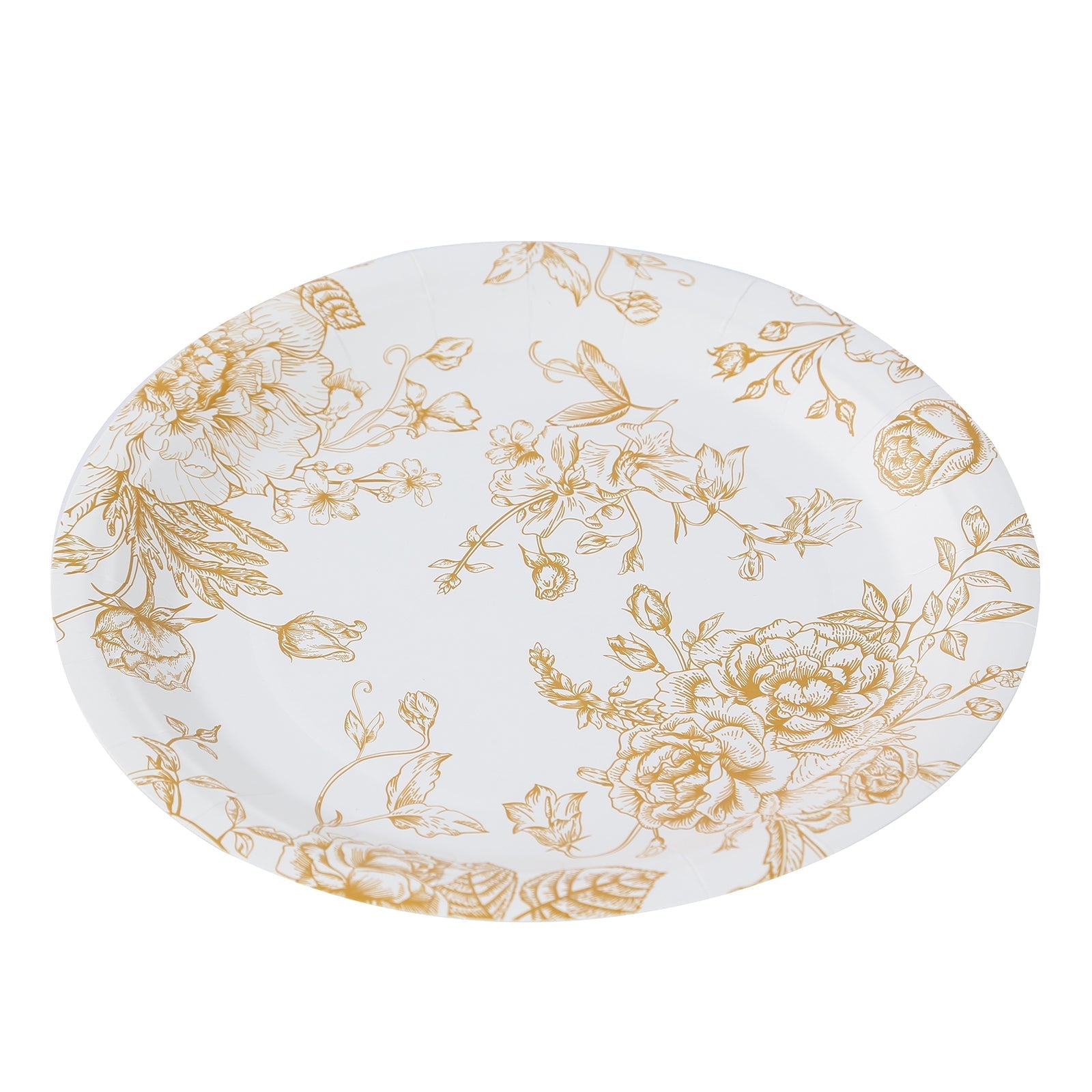 25-Pack Paper 9" Round Dinner Plates in White with Gold French Toile Pattern - Disposable Floral Party Plates for Stylish Events